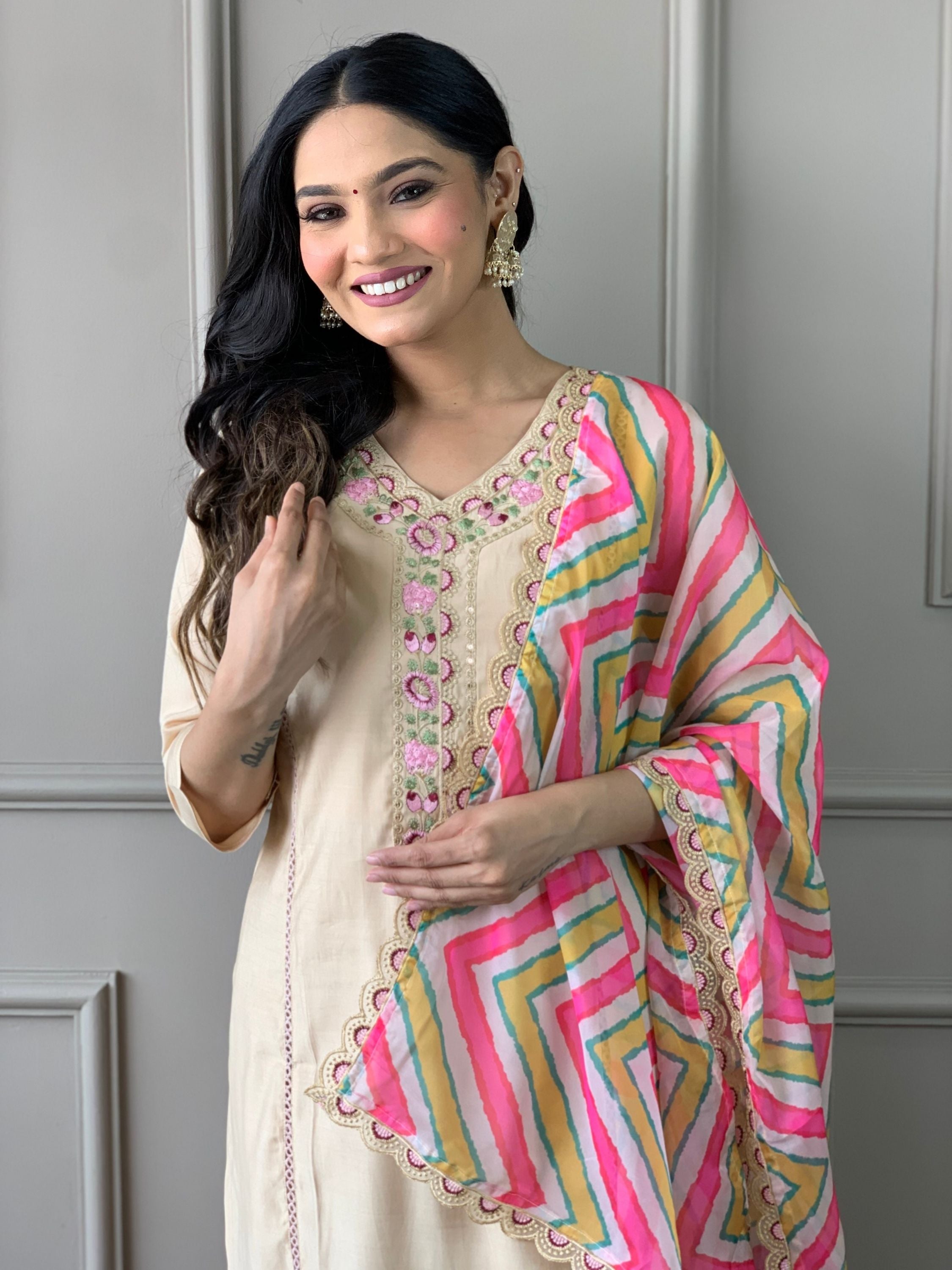 Chiku Colour Chanderi Viscose Embroidered Kurta With Bottom & Dupatta Set