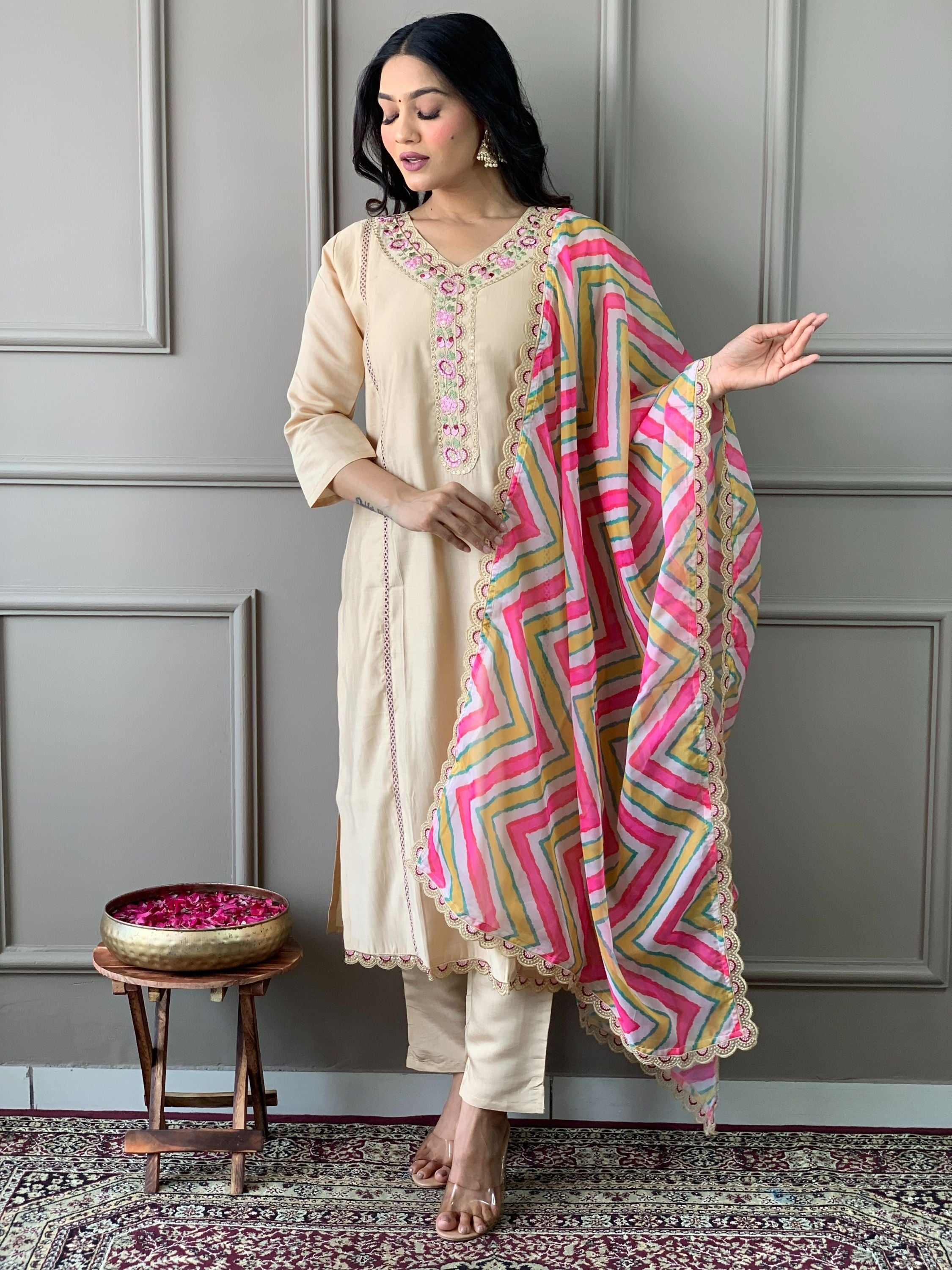 Chiku Colour Chanderi Viscose Embroidered Kurta With Bottom & Dupatta Set