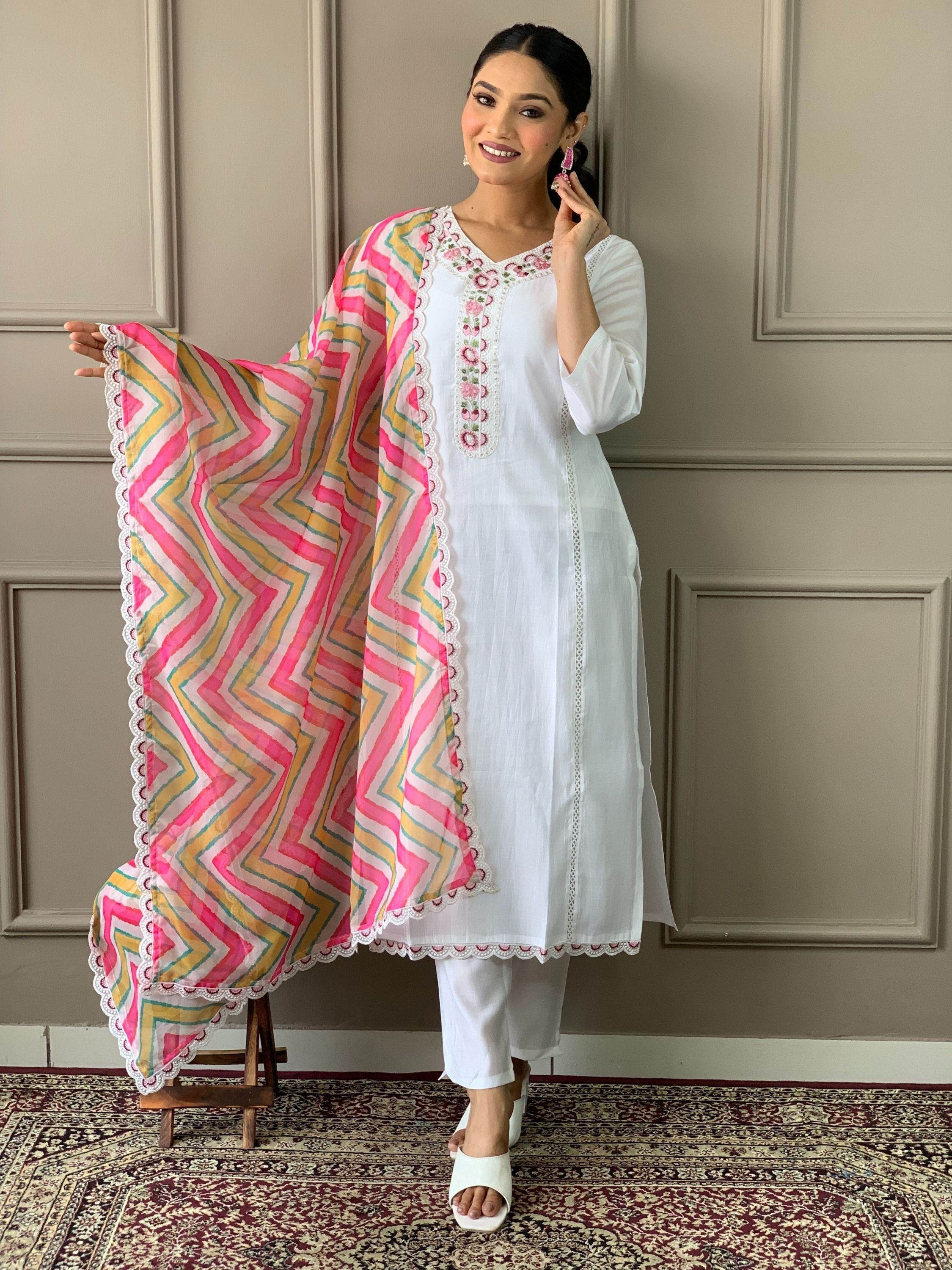 Chanderi Viscose Neck Line Embroidered Kurta With Bottom & Dupatta Set