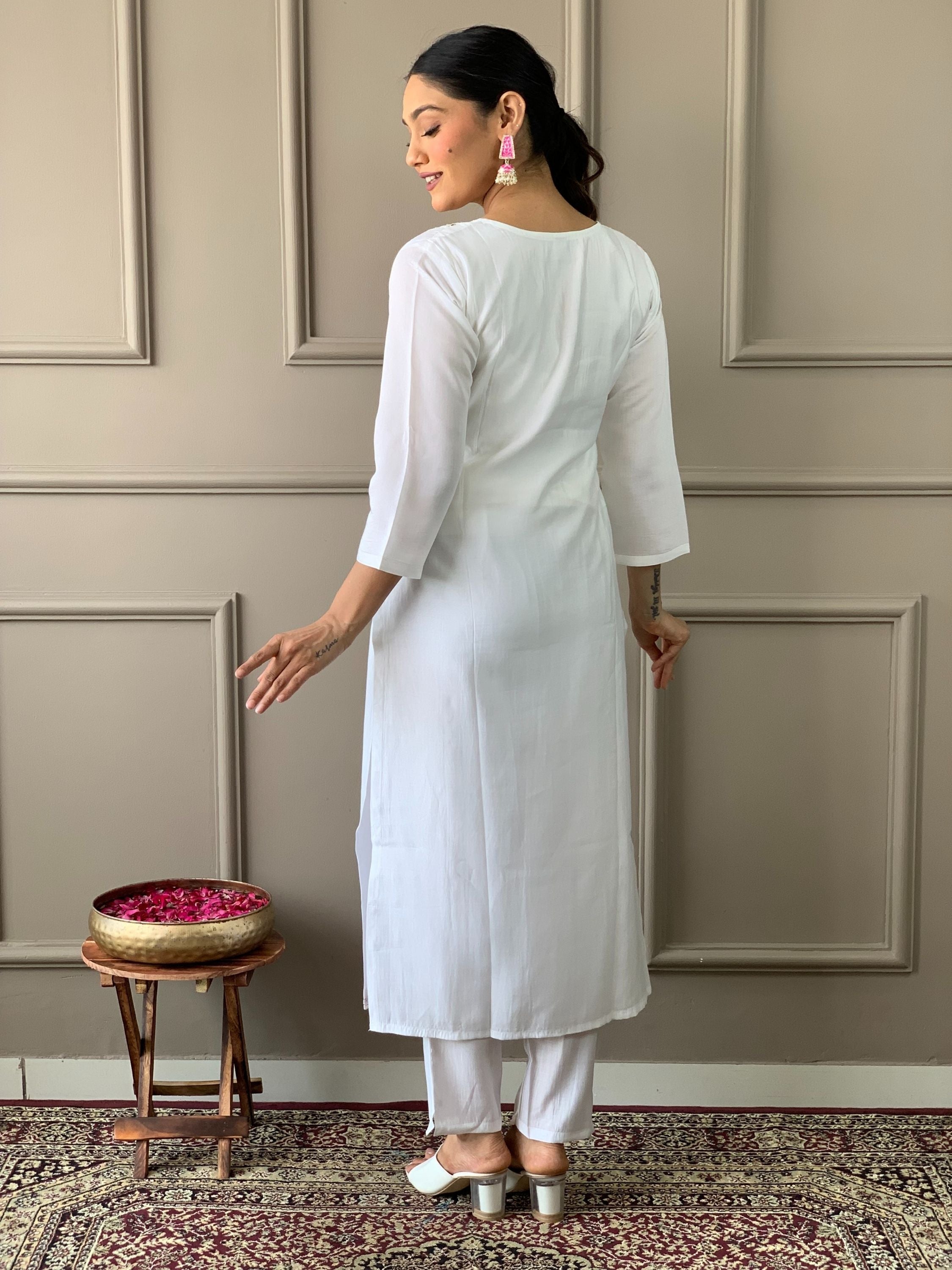 Chanderi Viscose Neck Line Embroidered Kurta With Bottom & Dupatta Set