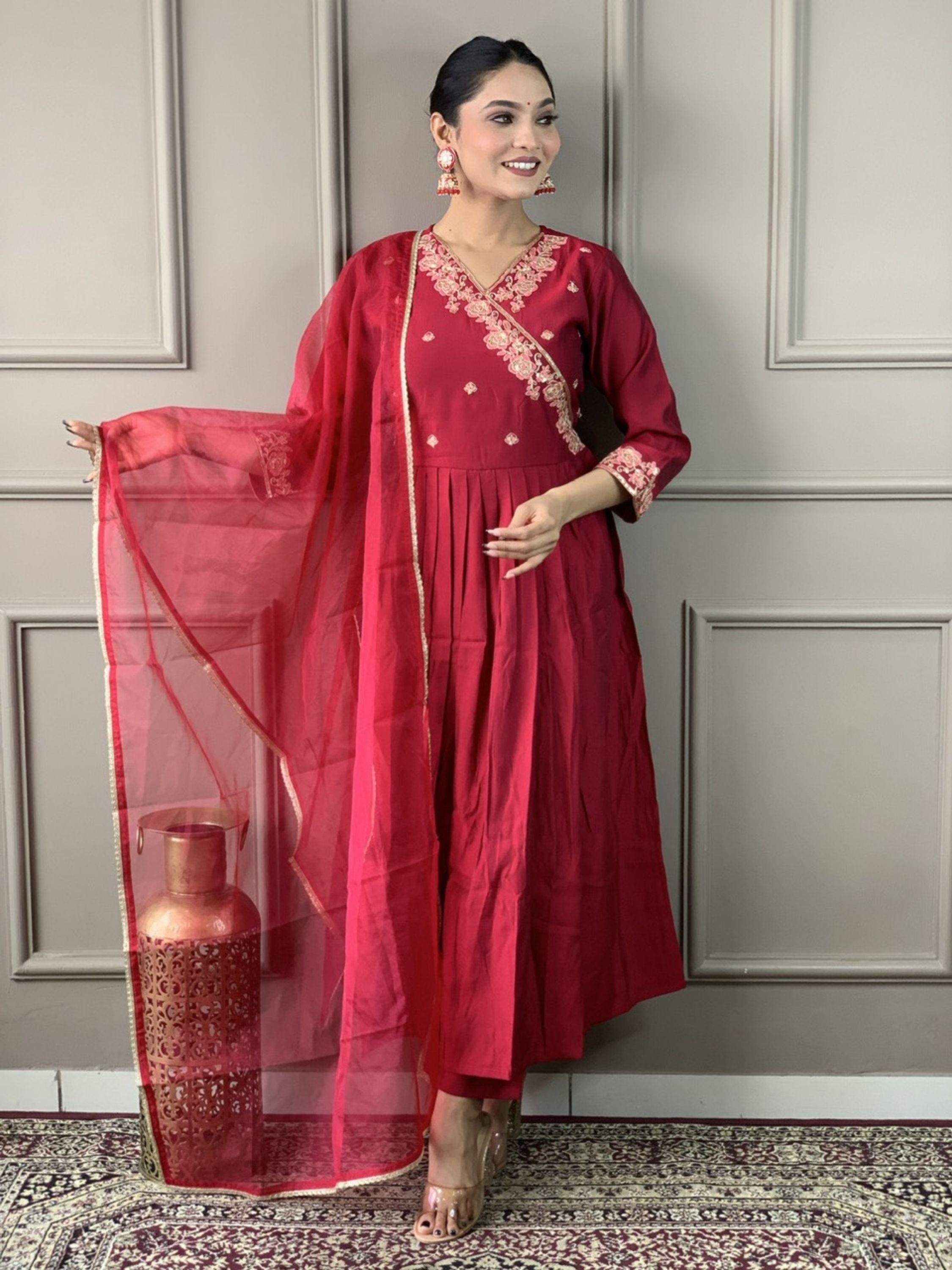 Angarakha Style Chanderi Viscose Embroidered Kurta With Bottom & Dupatta Set