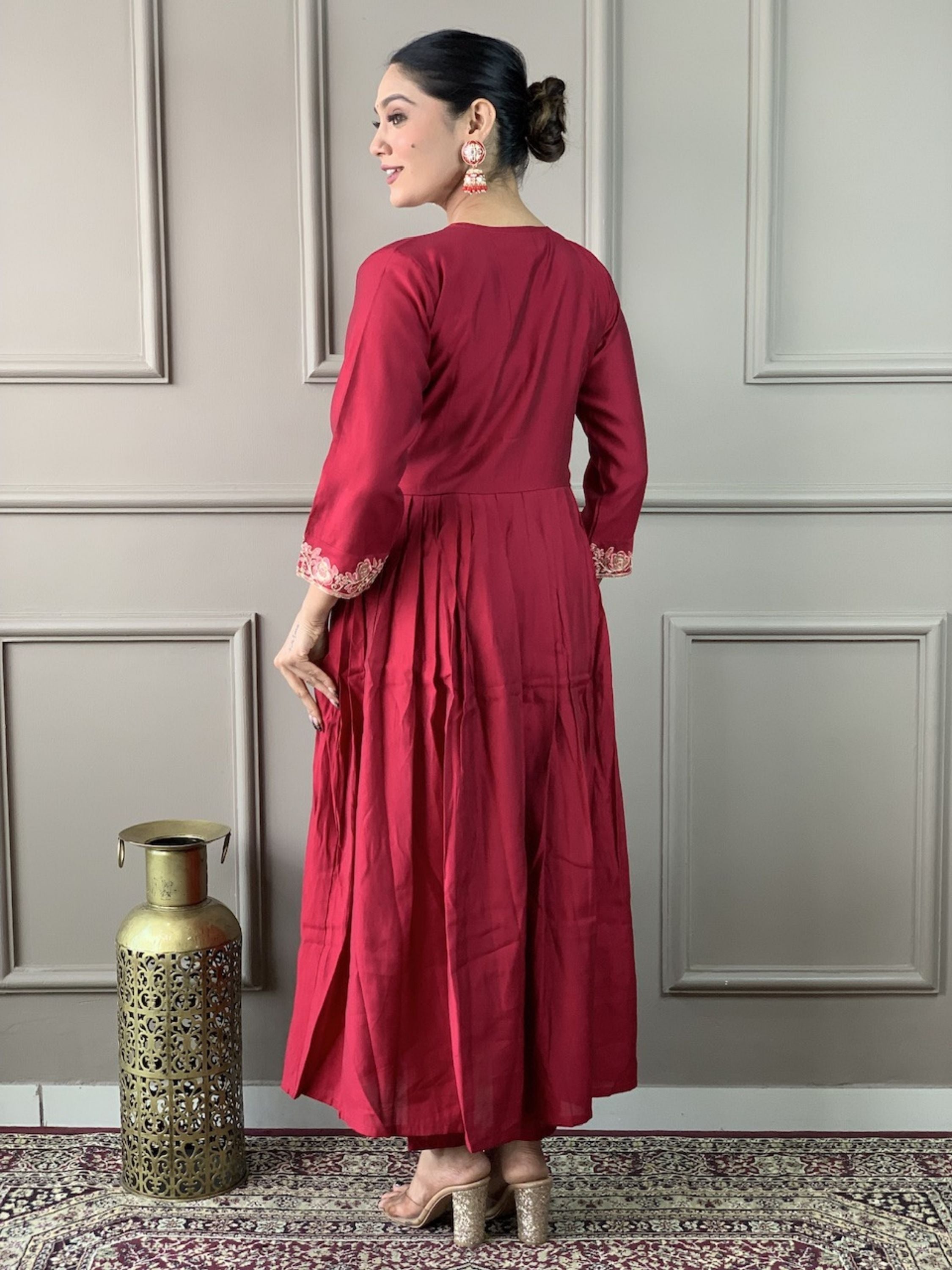 Angarakha Style Chanderi Viscose Embroidered Kurta With Bottom & Dupatta Set