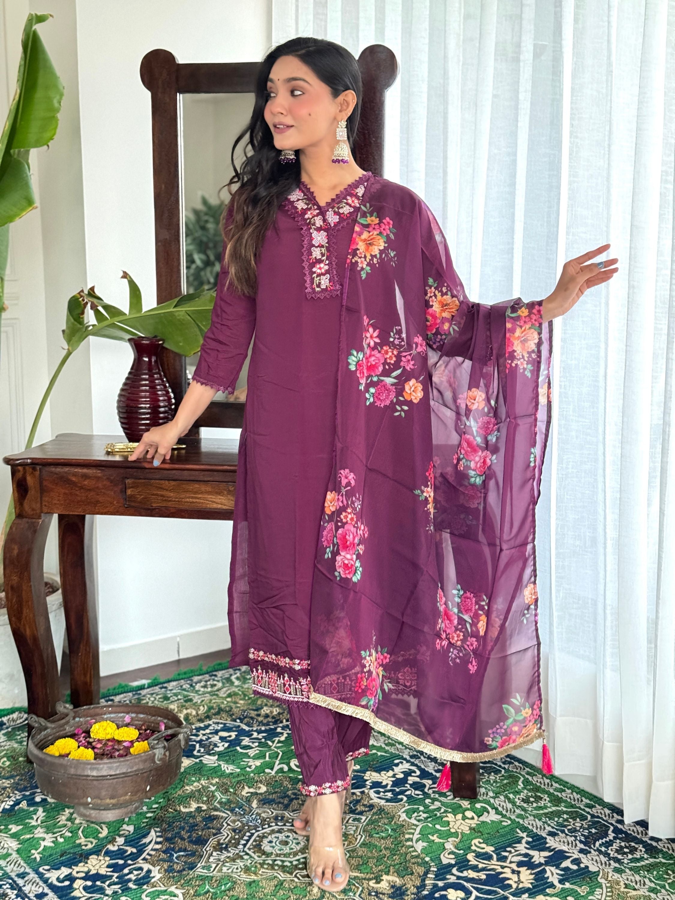 Chanderi Fabric Lace Work Kurta With Bottom & Dupatta Set