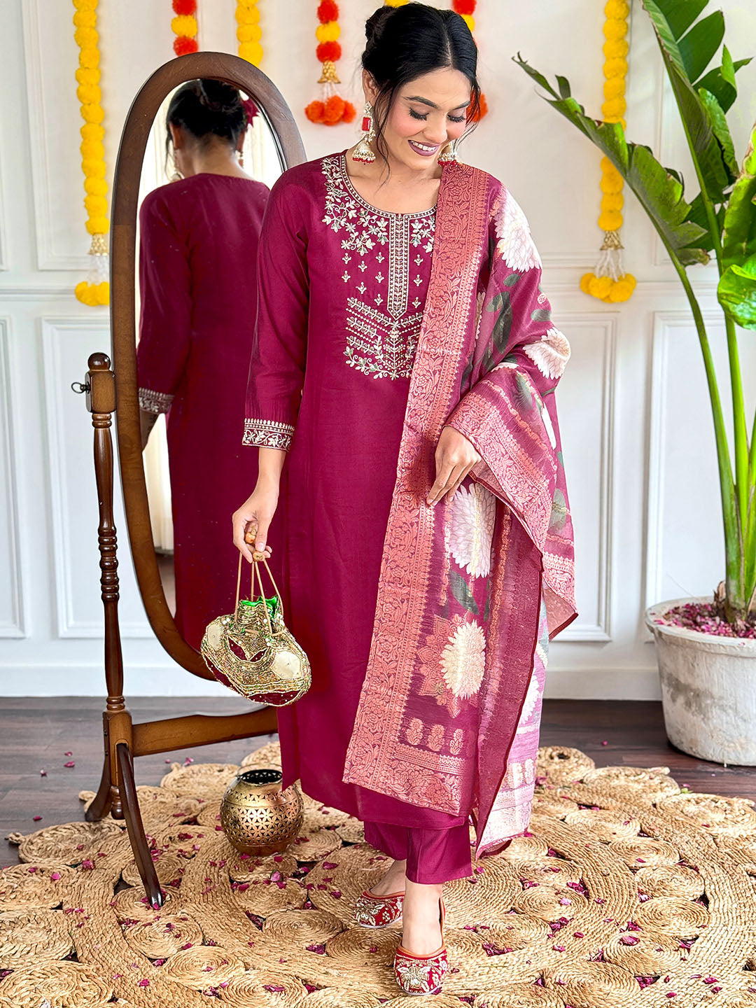 Maroon Color Viscose Chanderi kurta With Bottom & Dupatta Set