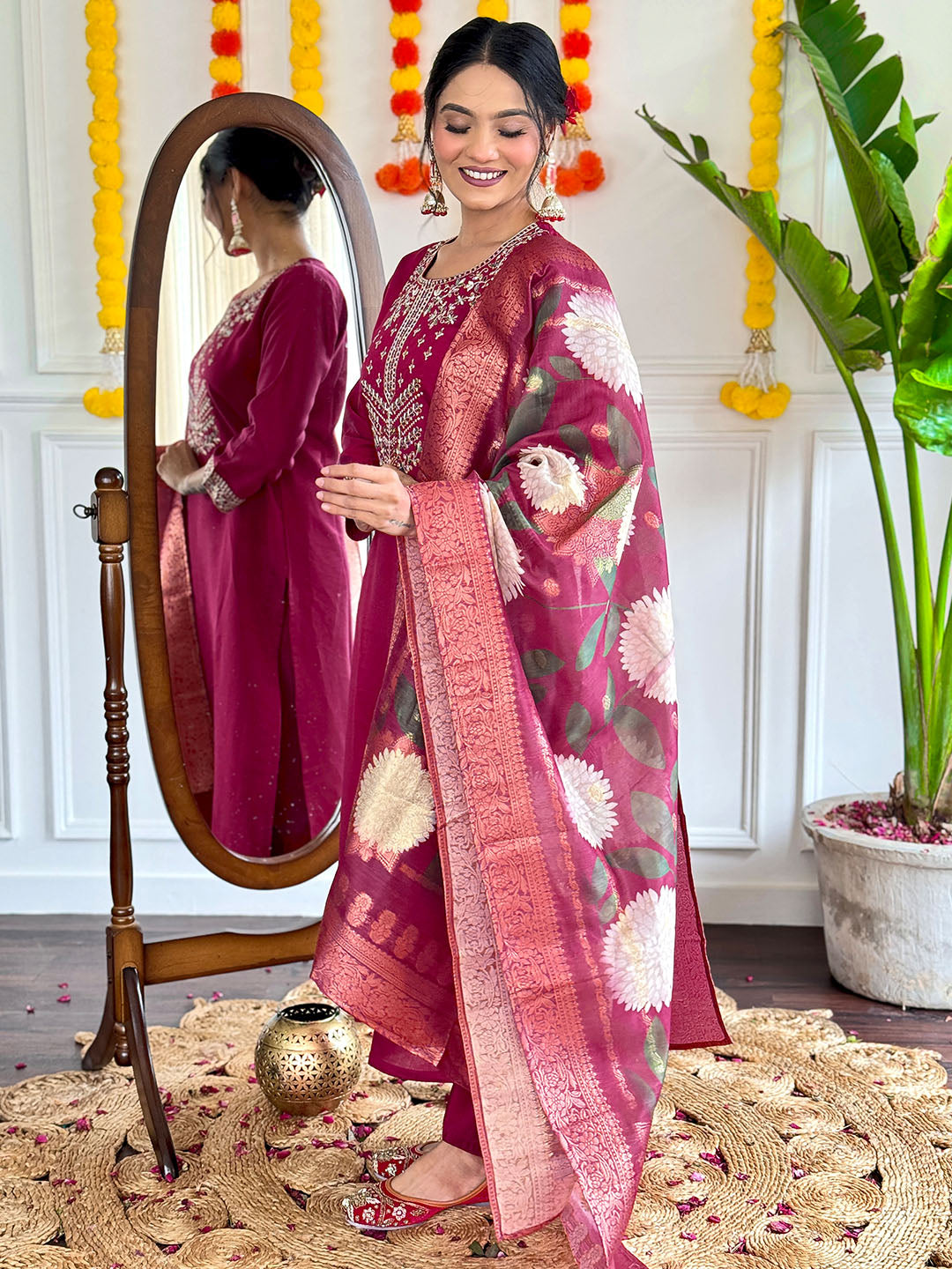 Maroon Color Viscose Chanderi kurta With Bottom & Dupatta Set