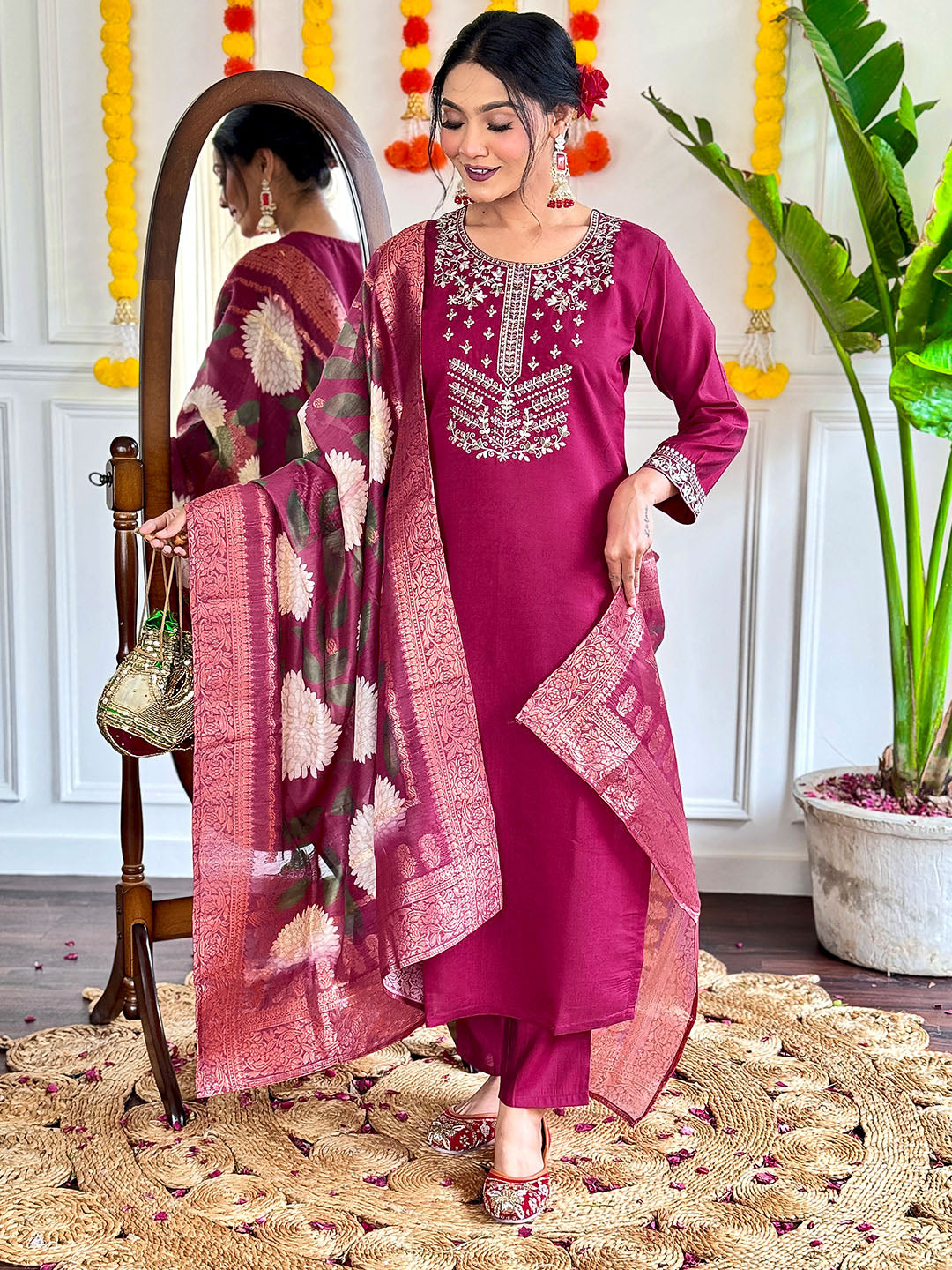 Maroon Color Viscose Chanderi kurta With Bottom & Dupatta Set