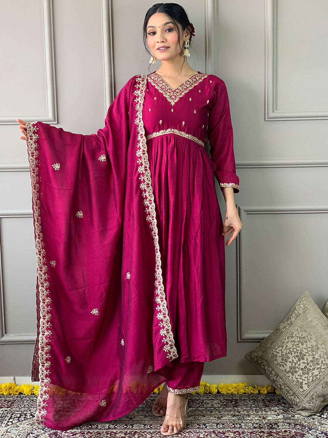 Wine Color Vichitra Silk Kurta With Bottom & Dupatta Set