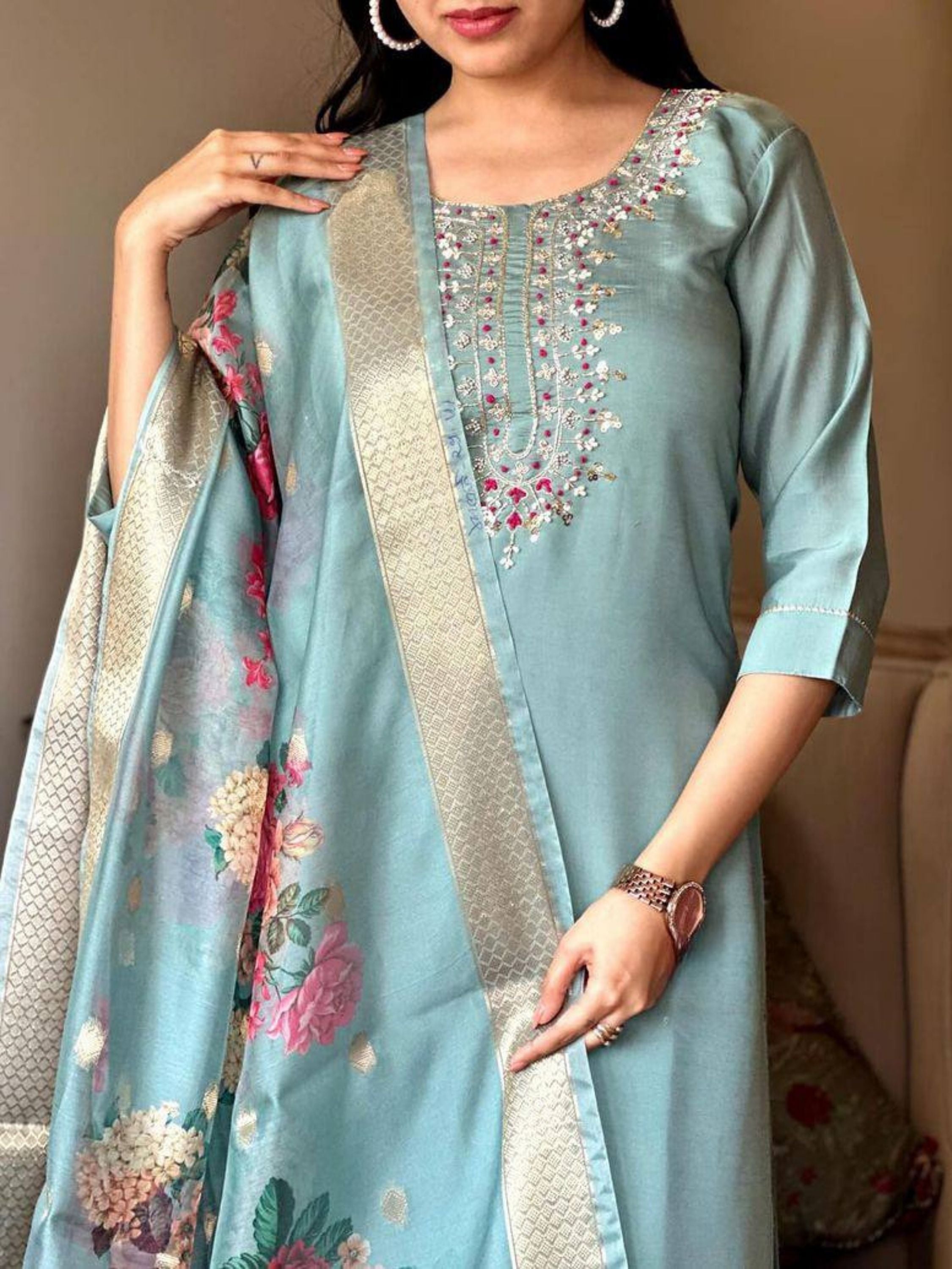 Chanderi Viscose Floral Embroidered Round NEck Ethnic Set