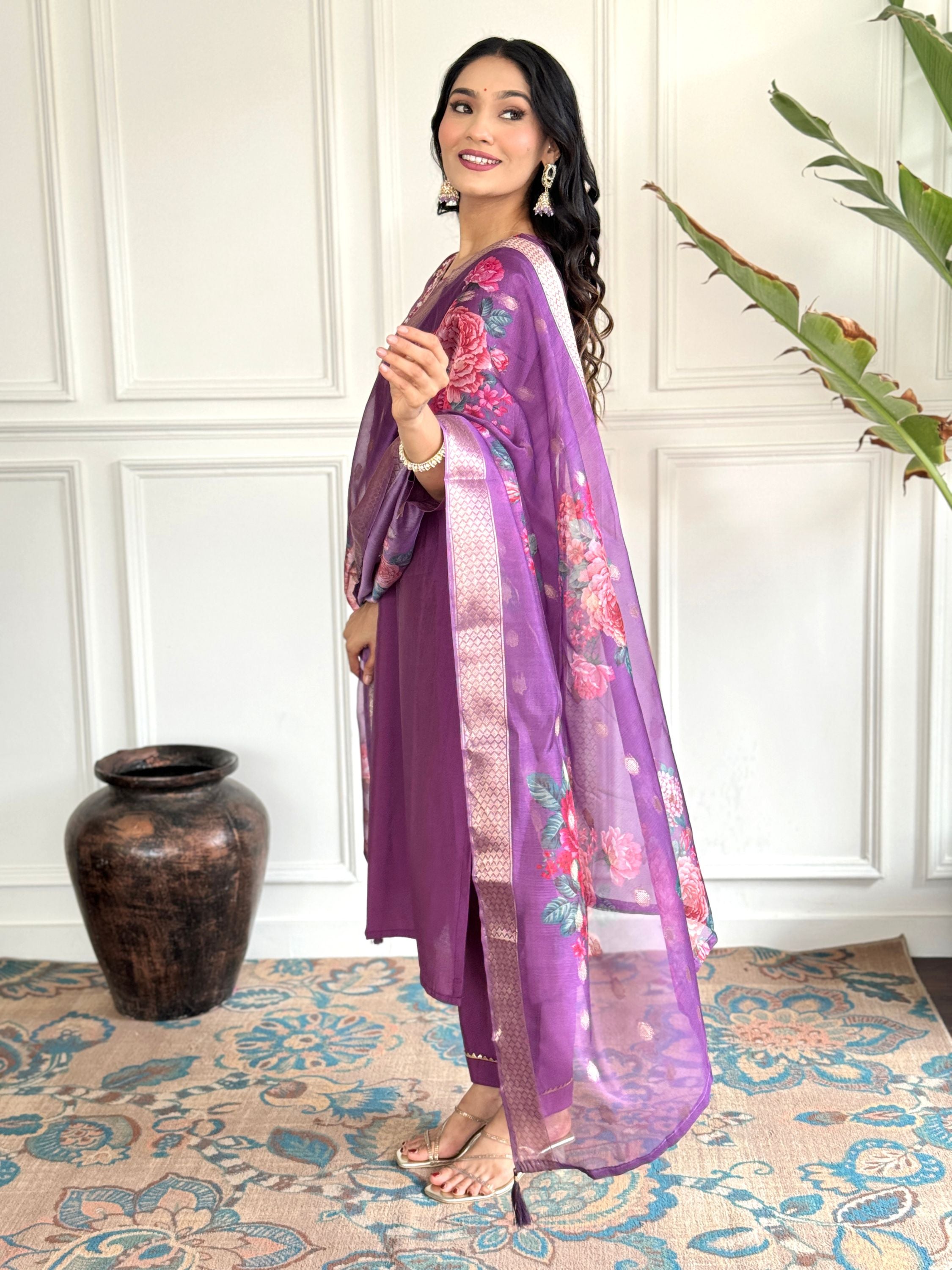 Wine Colour Chanderi Viscose Floral Embroidered Ethnic Set