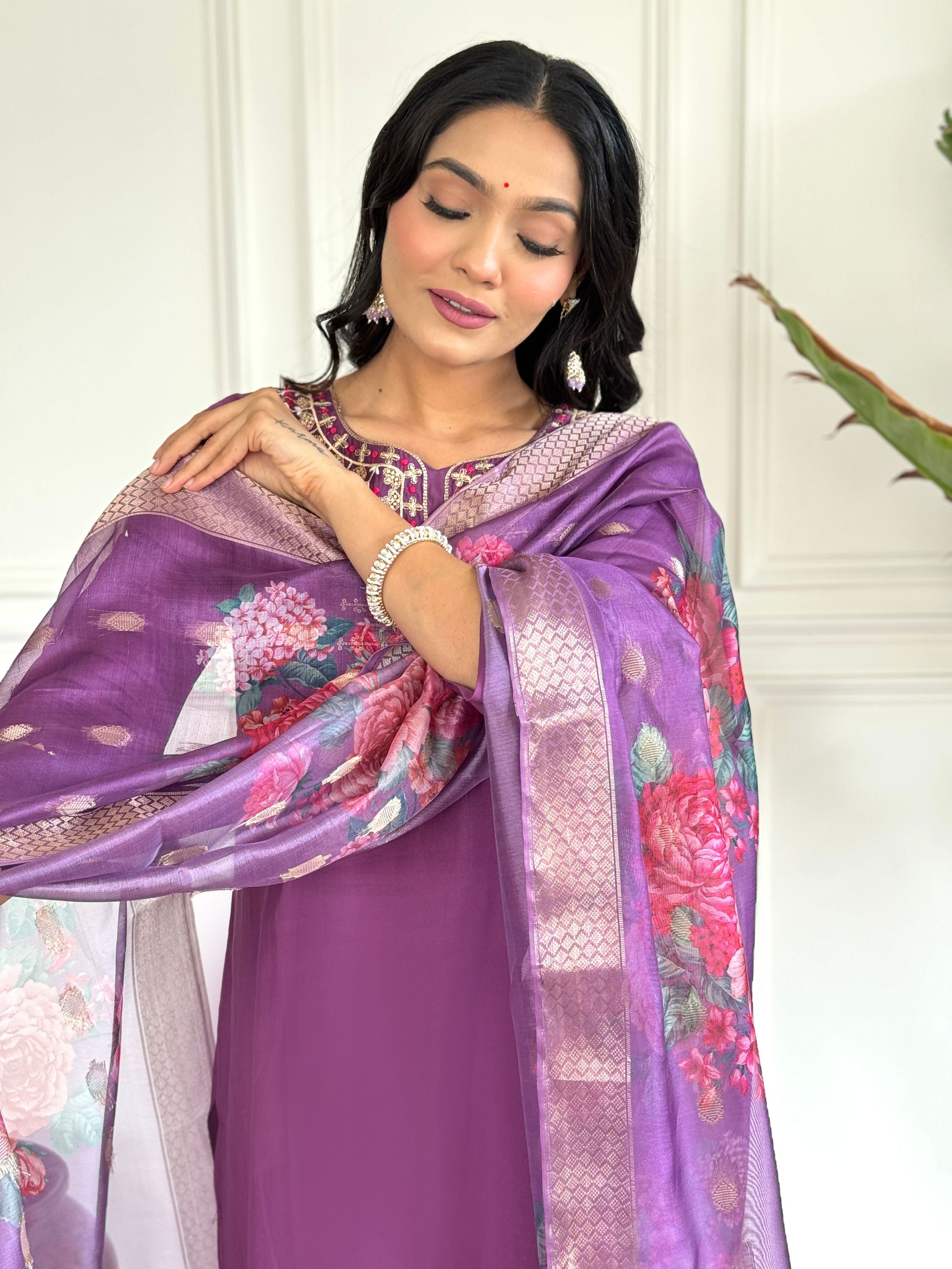 Wine Colour Chanderi Viscose Floral Embroidered Ethnic Set