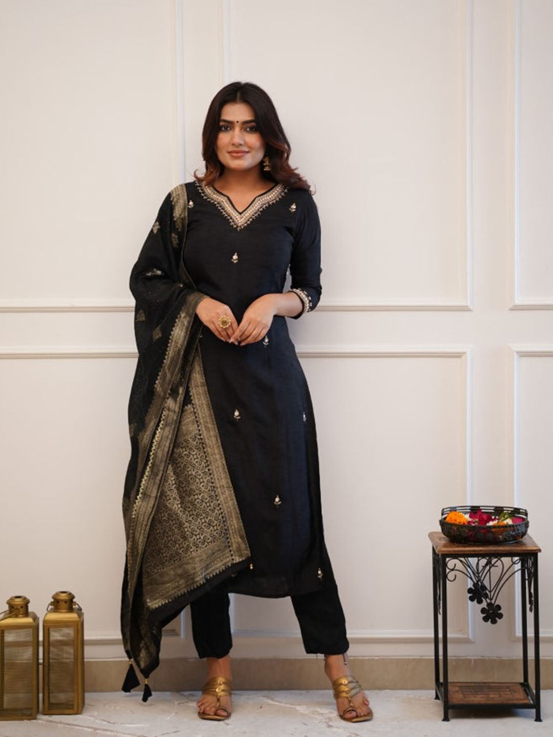 Black Color Embroidered Chanderi Silk kurta set