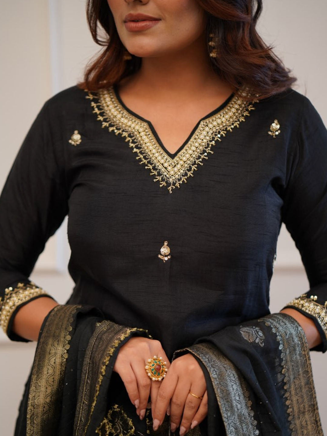 Black Color Embroidered Chanderi Silk kurta set