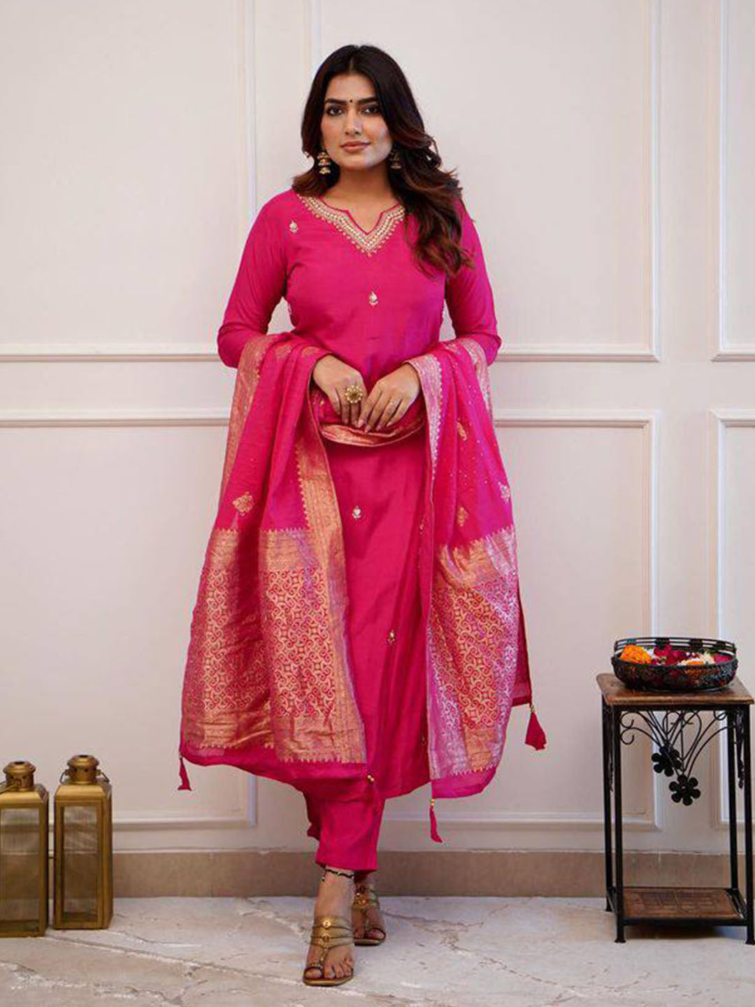 Pink Color Embroidered Chanderi Silk kurta set