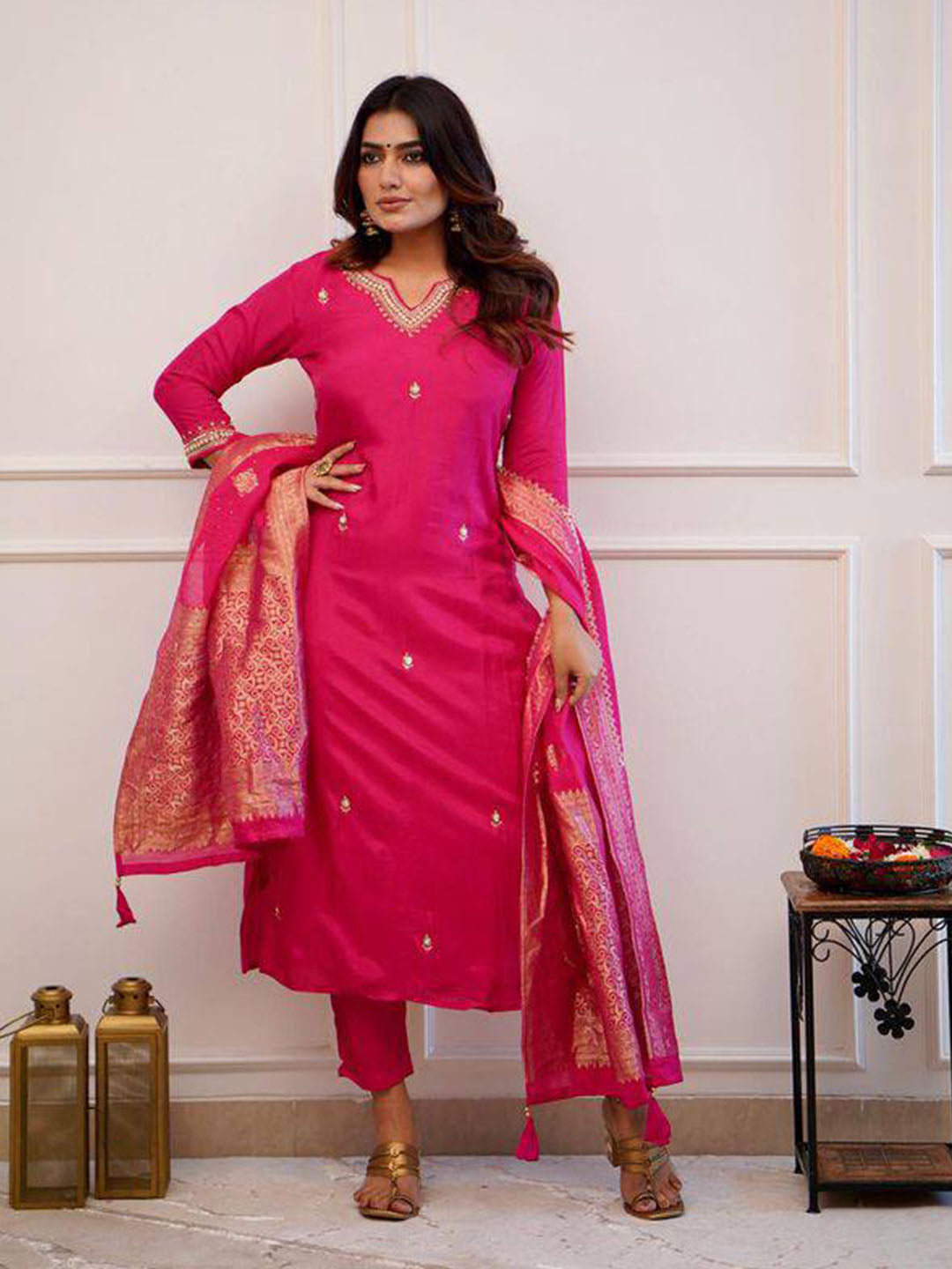 Pink Color Embroidered Chanderi Silk kurta set