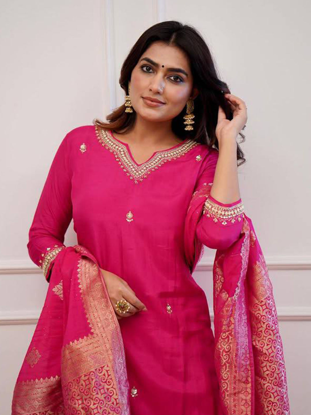 Pink Color Embroidered Chanderi Silk kurta set