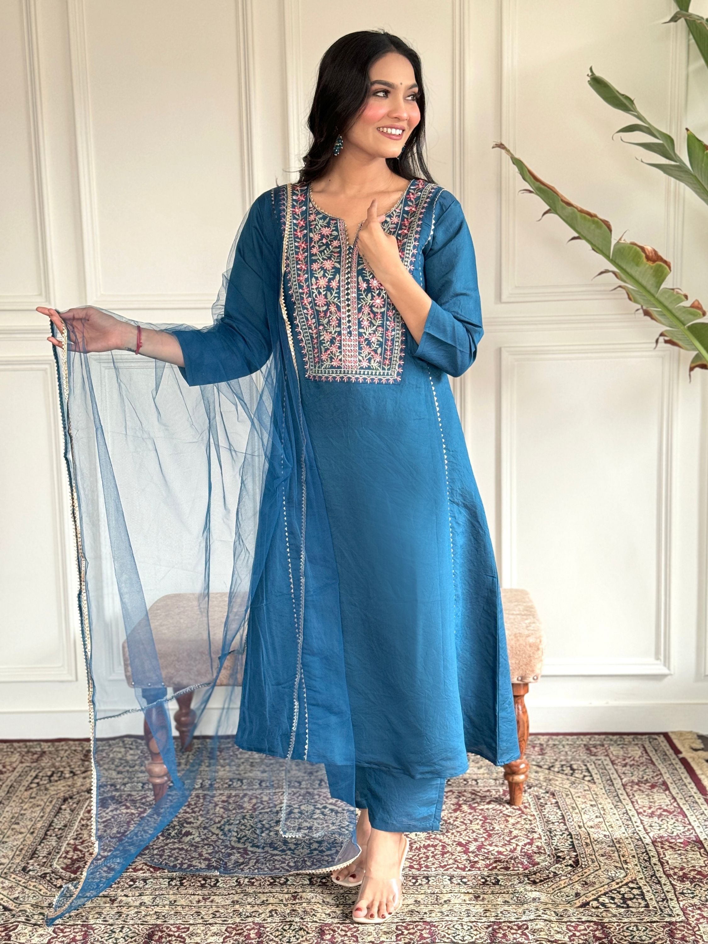 Chanderi Viscose Yoke Embroidered Kurta With Bottom & Dupatta Set