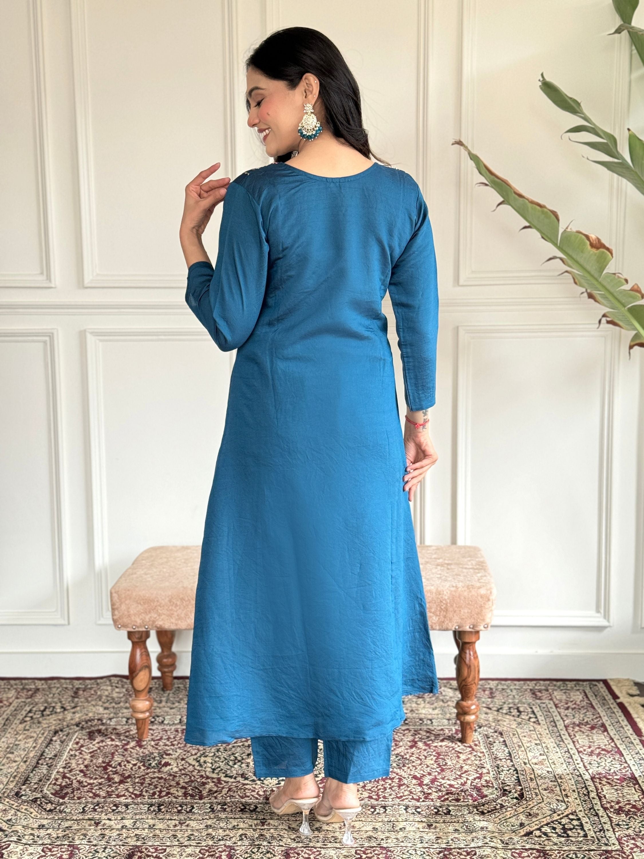 Chanderi Viscose Yoke Embroidered Kurta With Bottom & Dupatta Set