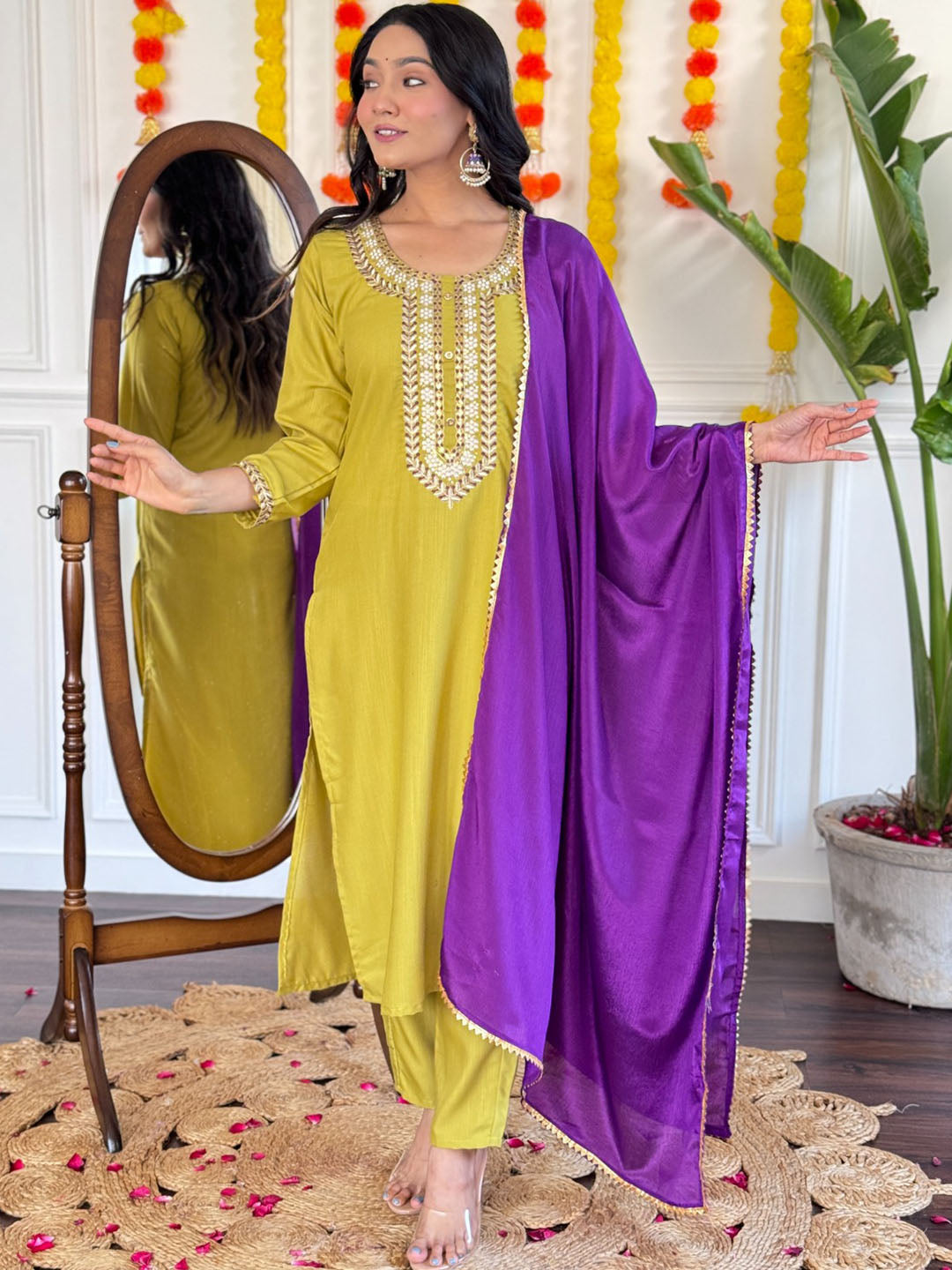 Rayon Slub Embroidered Kurta With Bottom & Dupatta Set