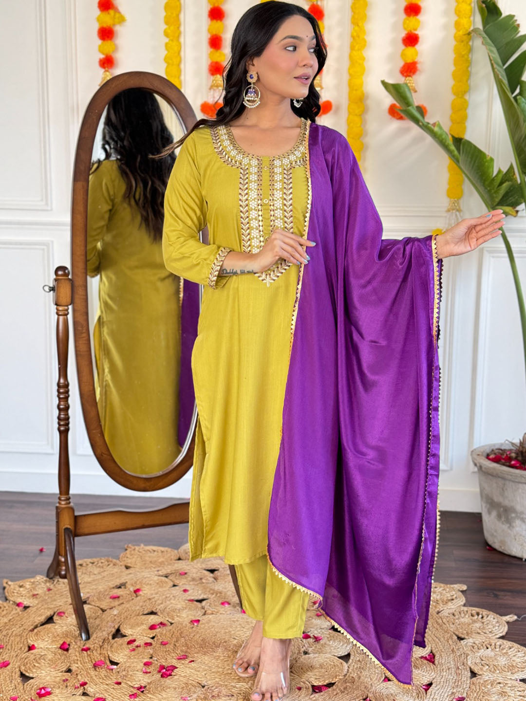 Rayon Slub Embroidered Kurta With Bottom & Dupatta Set