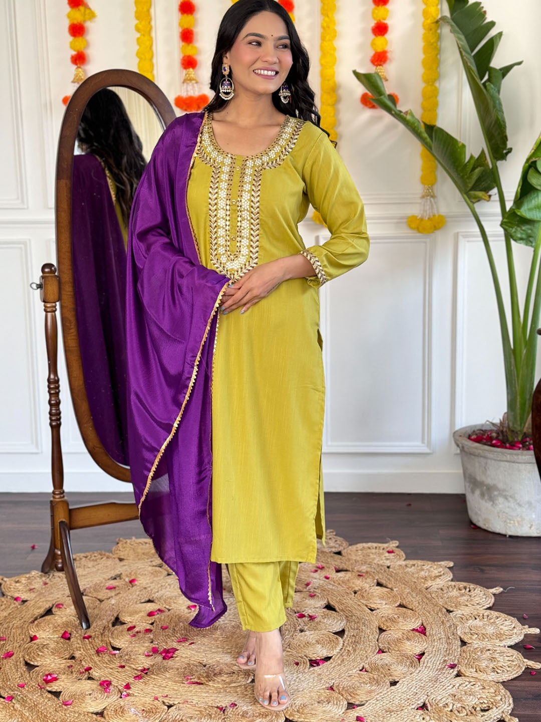 Rayon Slub Embroidered Kurta With Bottom & Dupatta Set