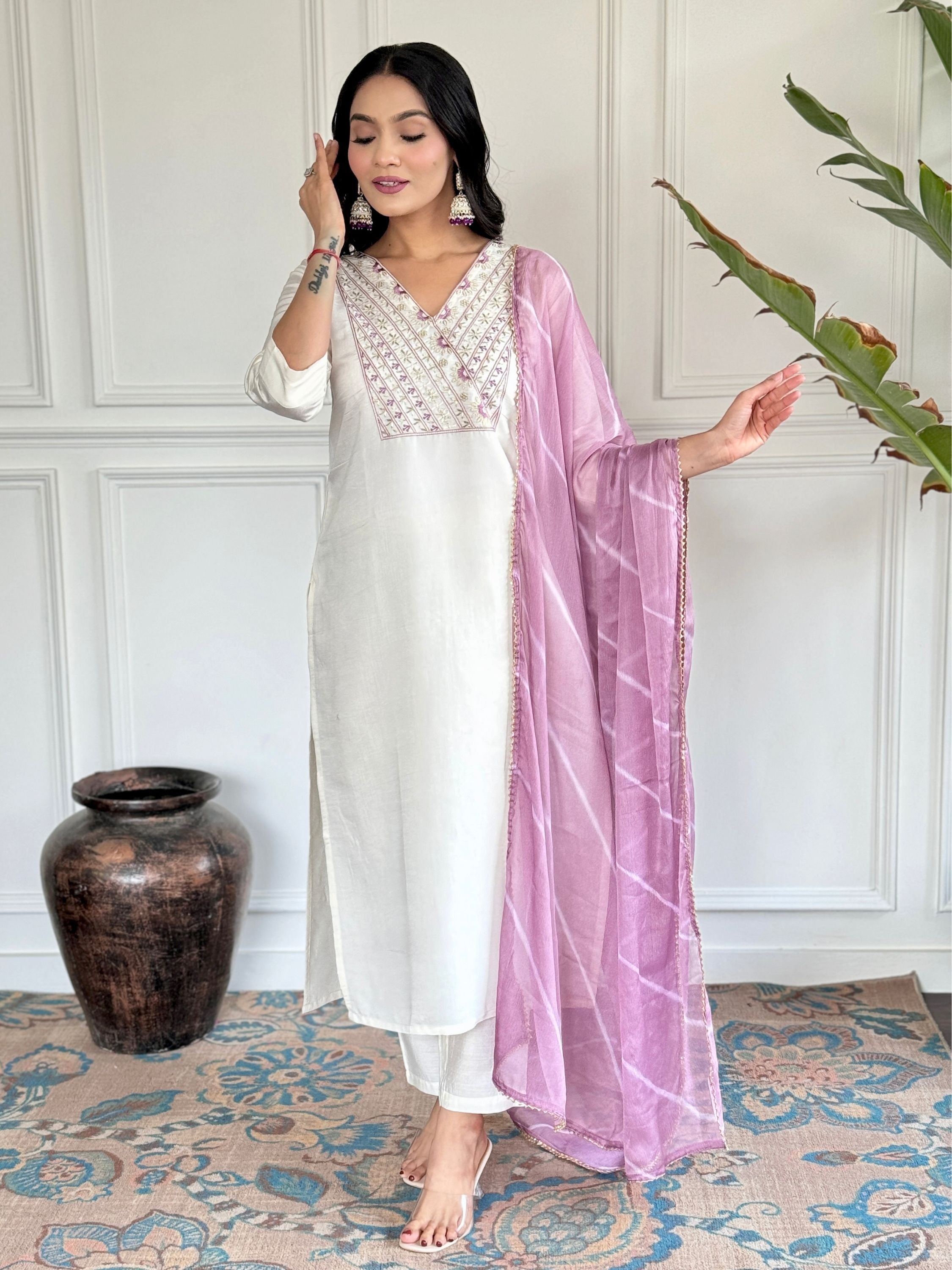 Chanderi Embroidered Kurta With Bottom & Dupatta Set