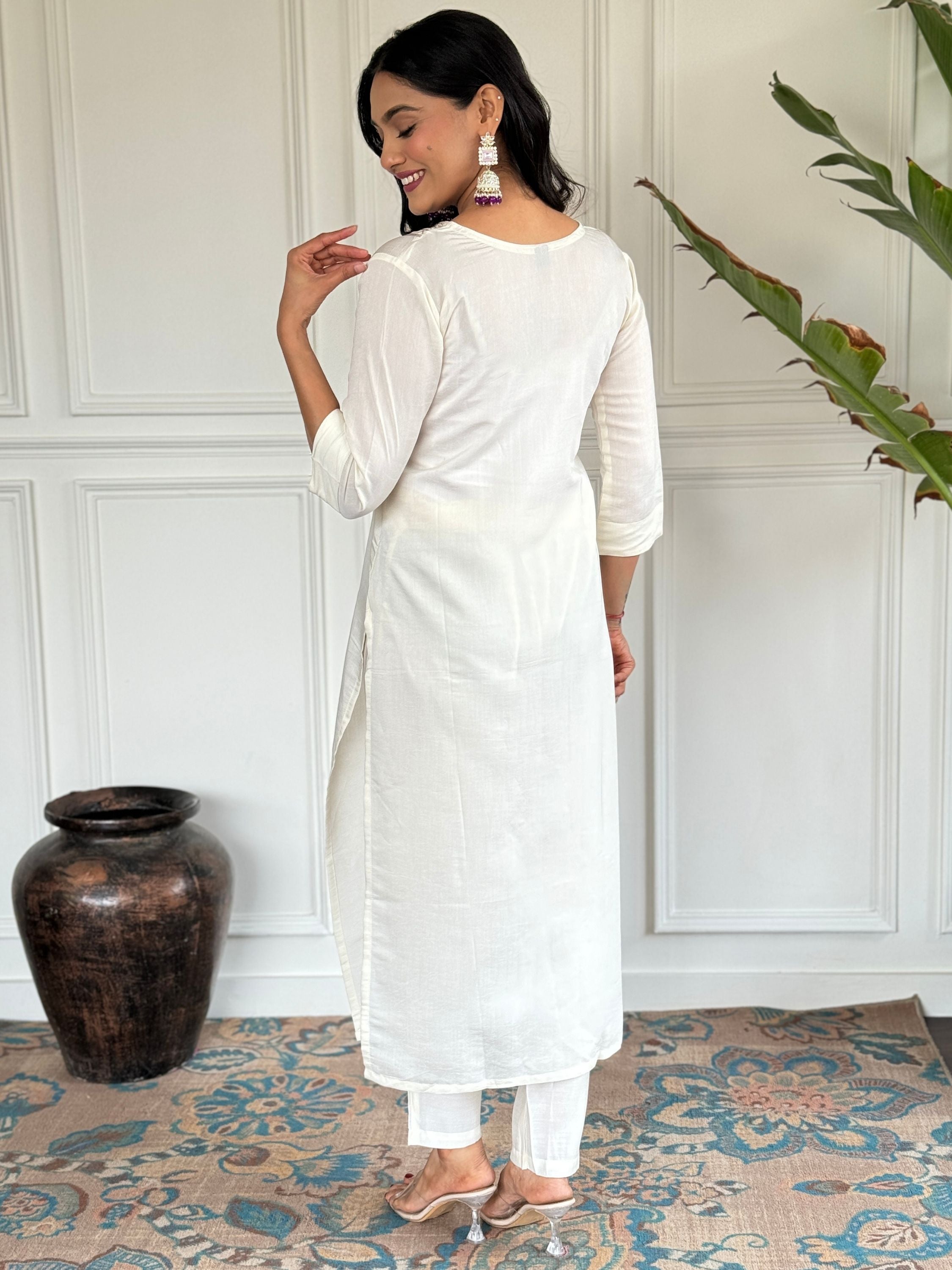 Chanderi Embroidered Kurta With Bottom & Dupatta Set