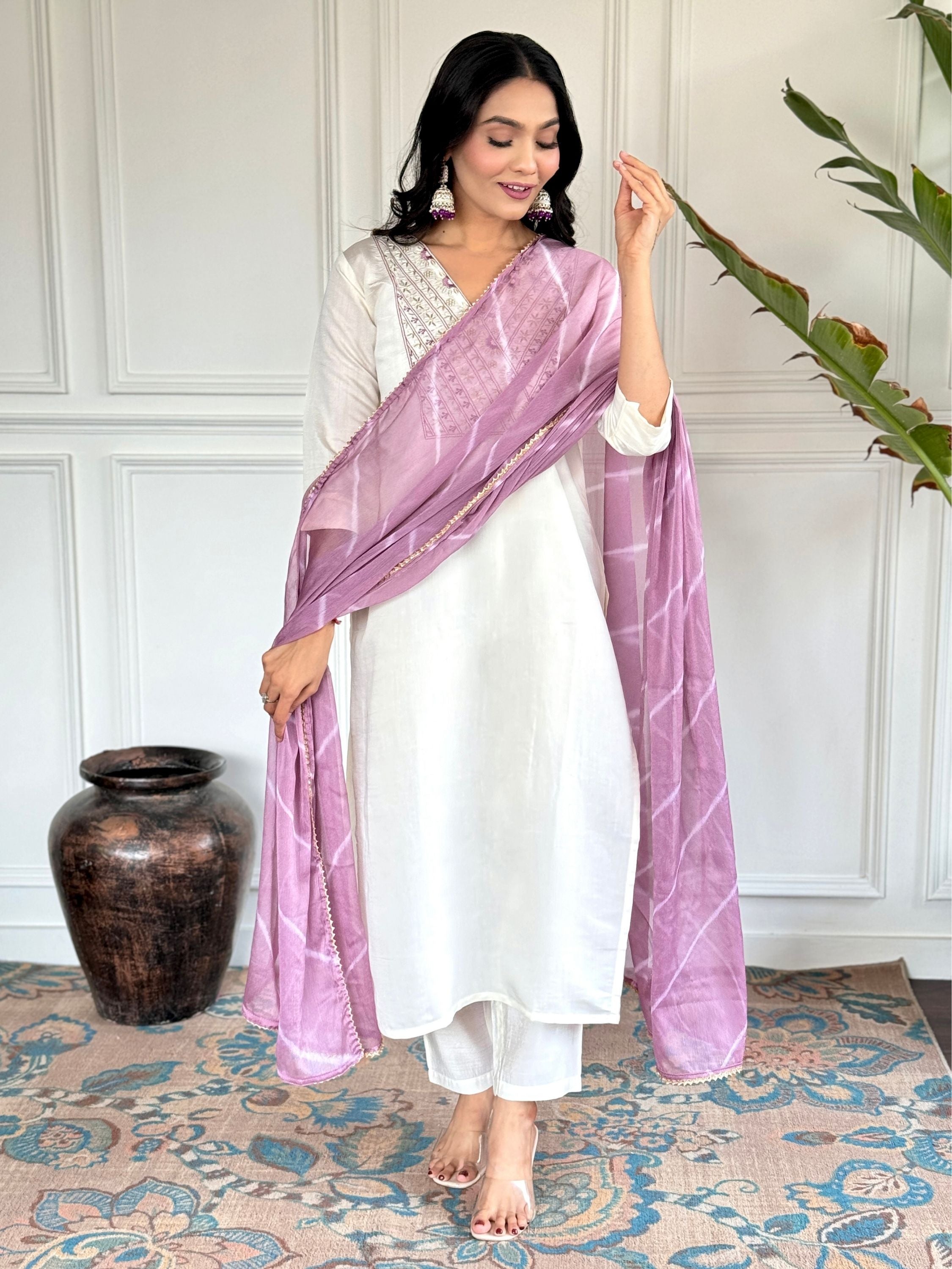 Chanderi Embroidered Kurta With Bottom & Dupatta Set