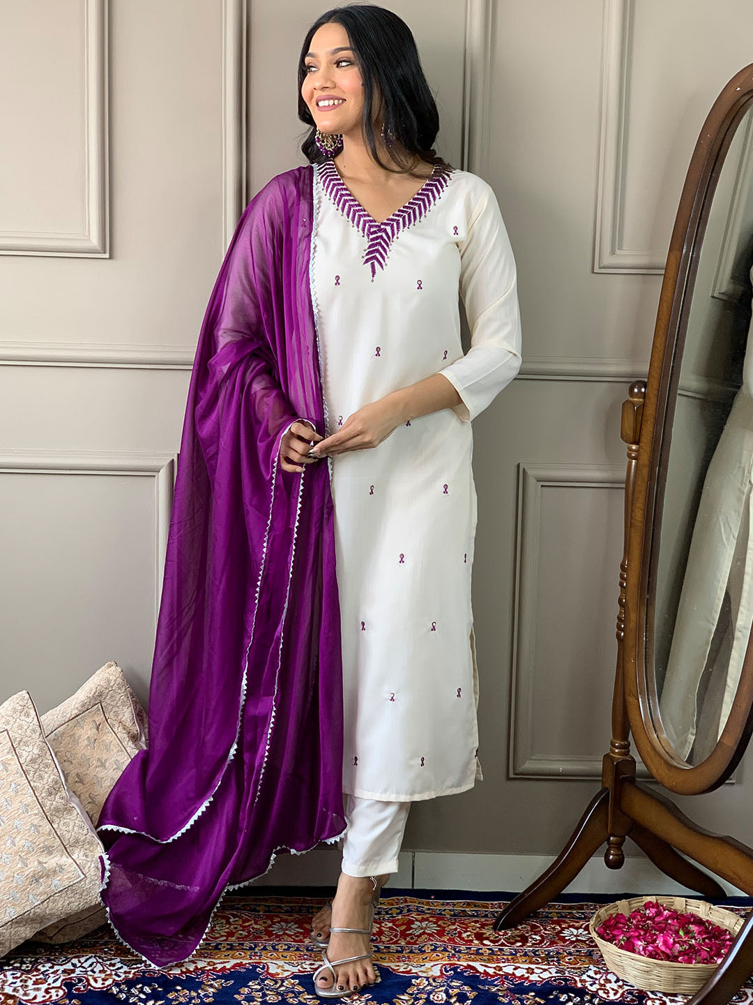 White Colour Rayon Self Design Embroidered Kurta With Bottom & Dupatta Set