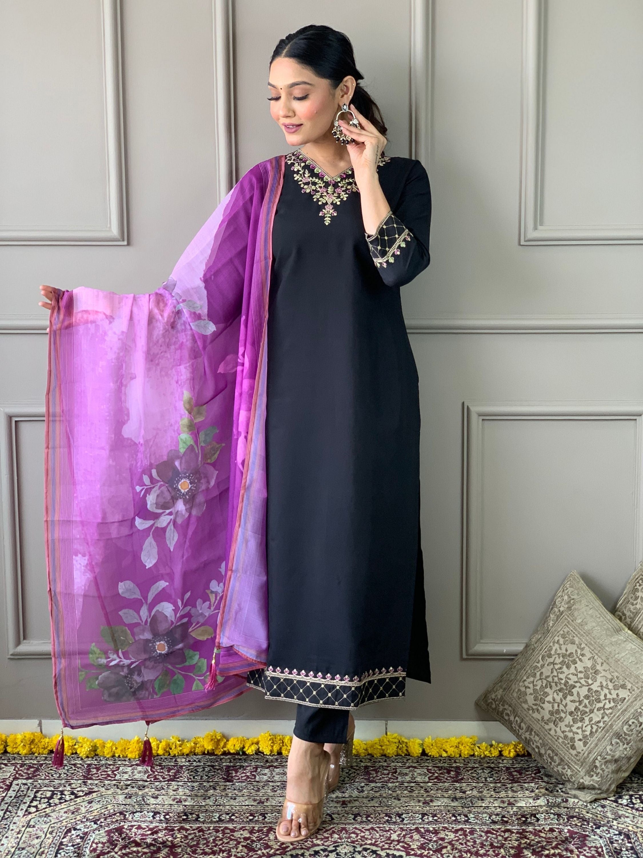 Black Chanderi Viscose Fabric  Embroidered Kurta With Bottom & Dupatta Set