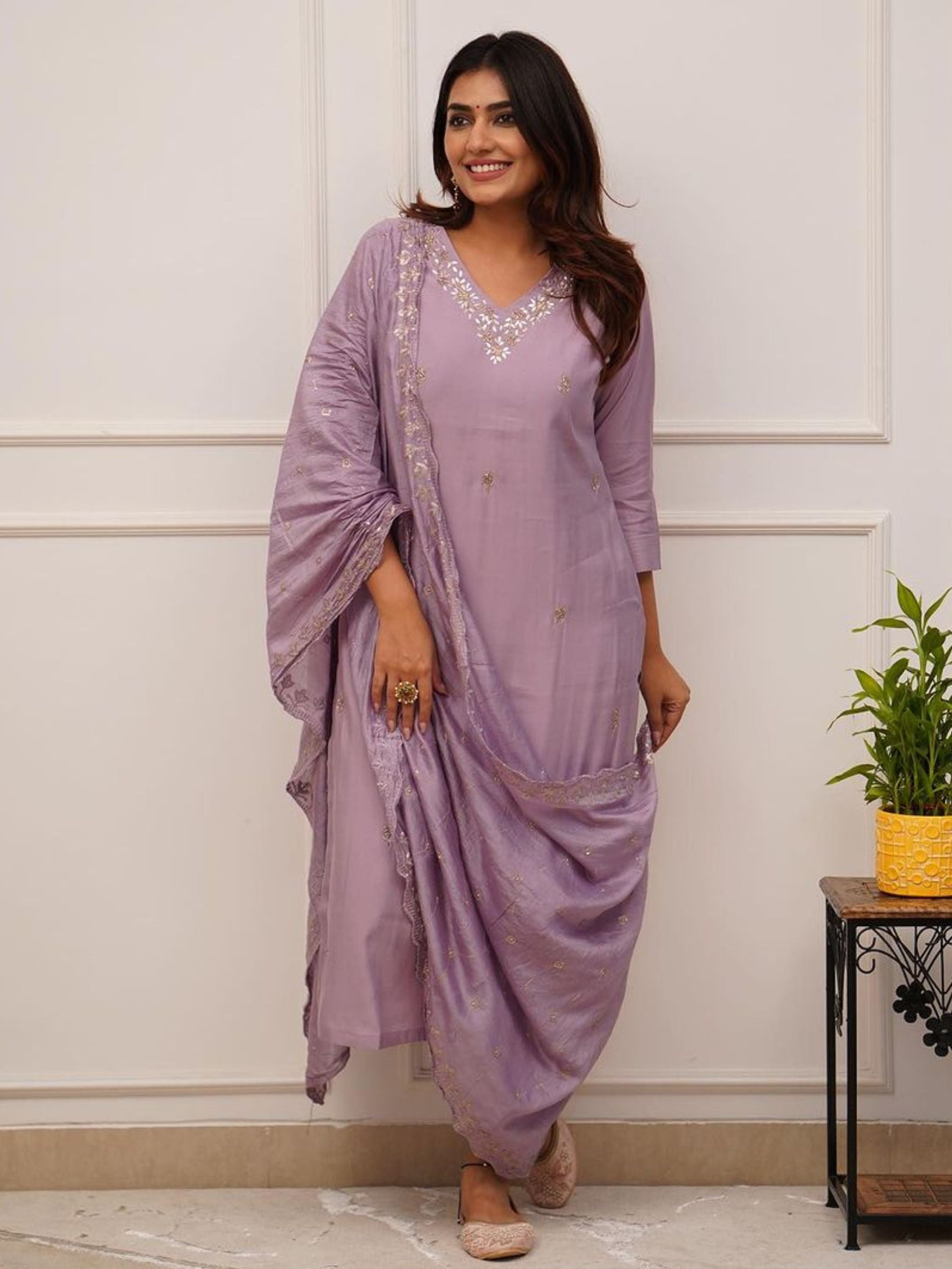 Chanderi Viscose Embroidered Kurta With Bottom & Dupatta Set