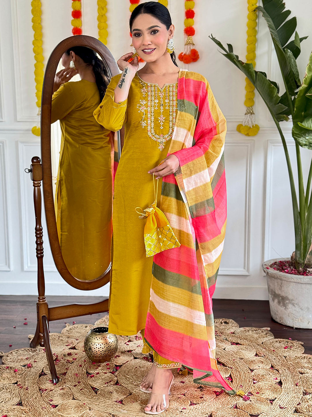 Mustard Color Viscose Chanderi Kurta WIth Bottom & Dupatta Set