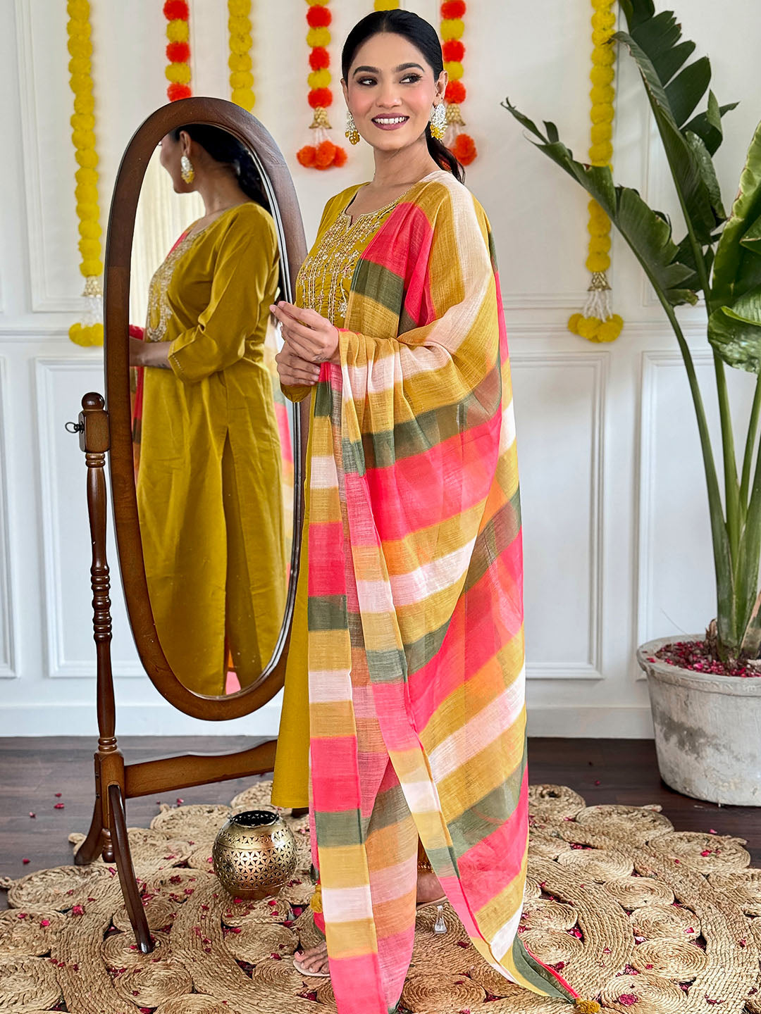 Mustard Color Viscose Chanderi Kurta WIth Bottom & Dupatta Set