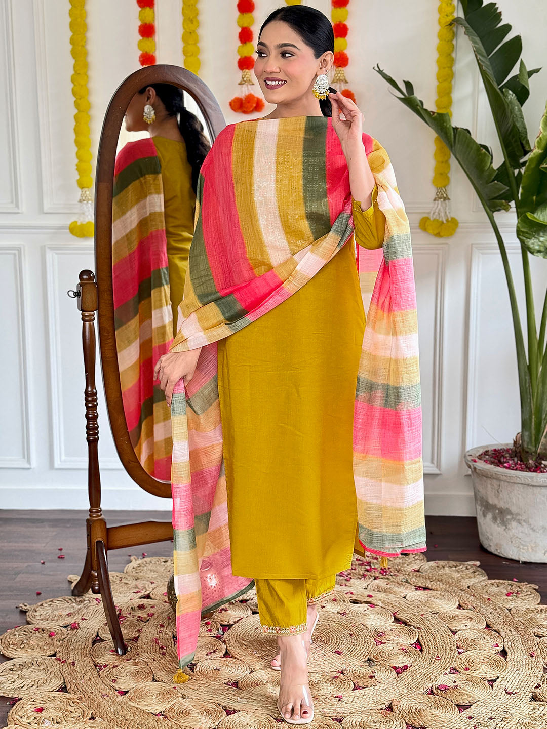 Mustard Color Viscose Chanderi Kurta WIth Bottom & Dupatta Set