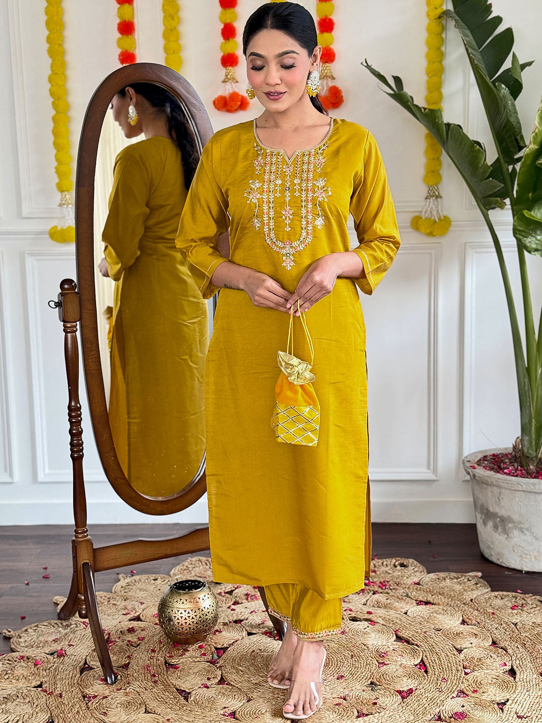 Mustard Color Viscose Chanderi Kurta WIth Bottom & Dupatta Set