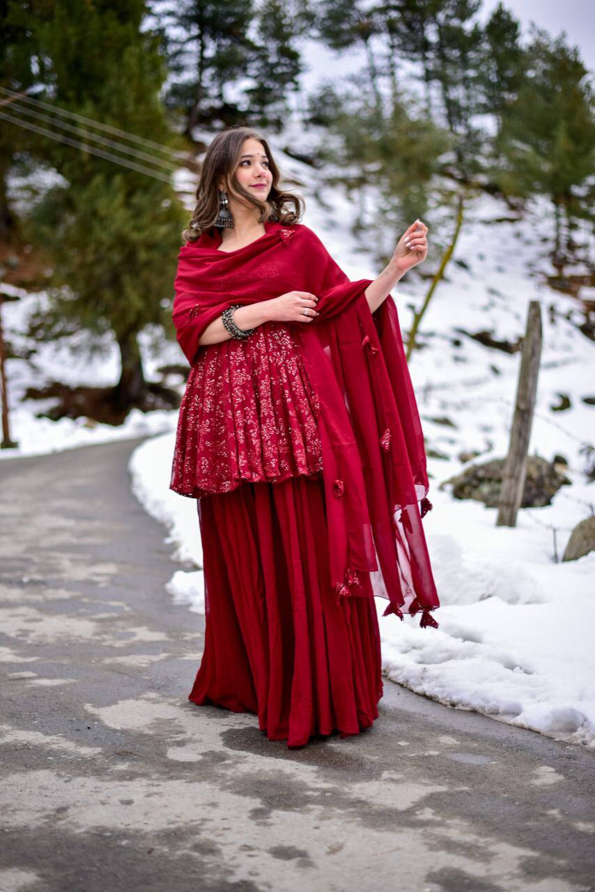 Flared Kurta With Solid Palazzo & Dupatta