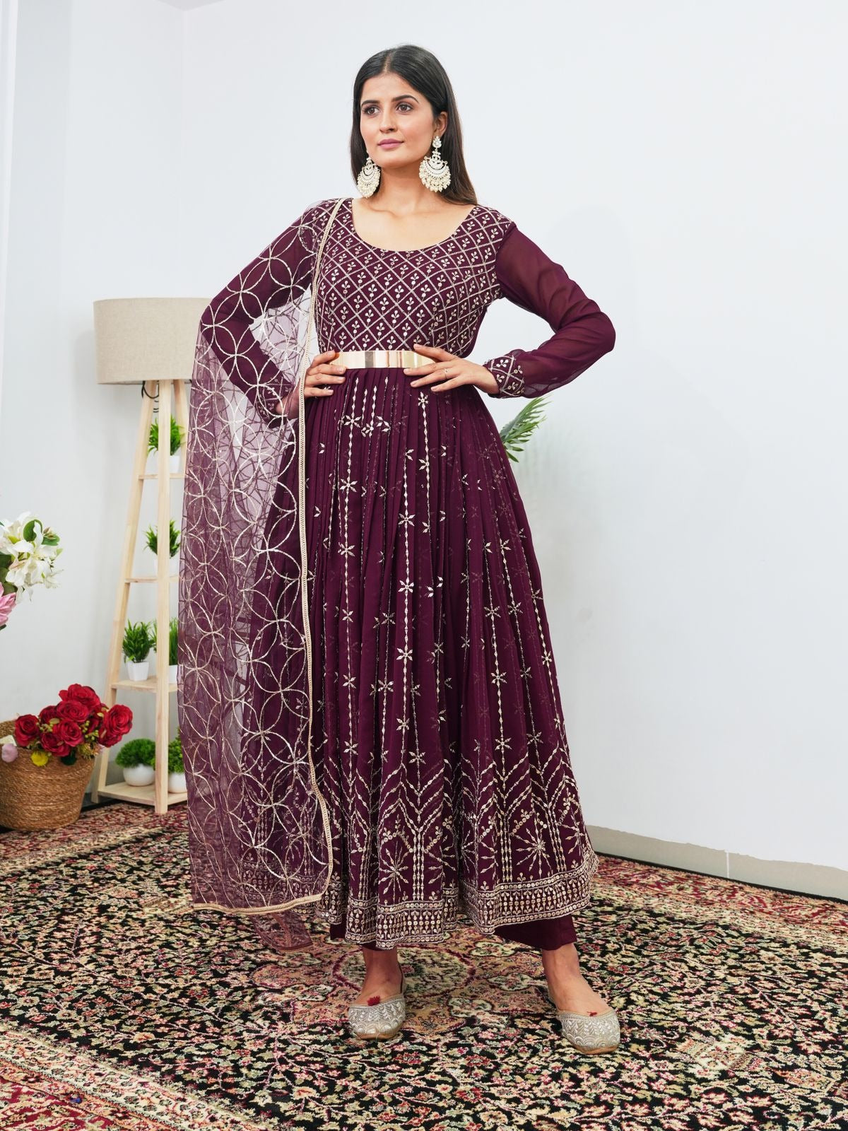 Wine Pleated Kurta With Embellished Dupatta Set