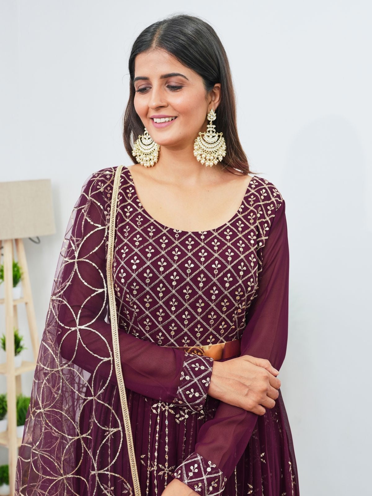 Wine Pleated Kurta With Embellished Dupatta Set