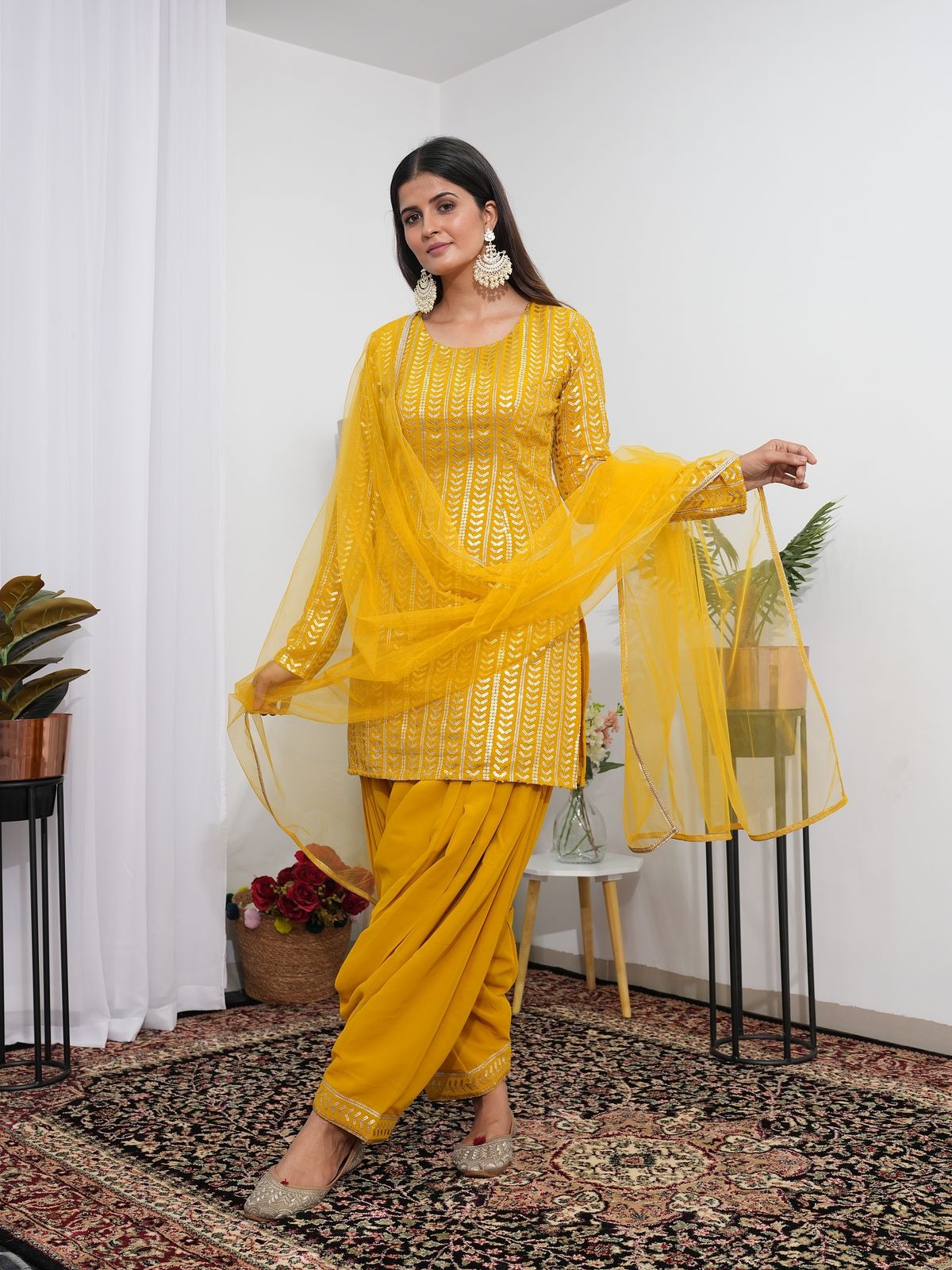 Yellow Sequin Embroidered Kurta With Patiala Pant & Dupatta Set