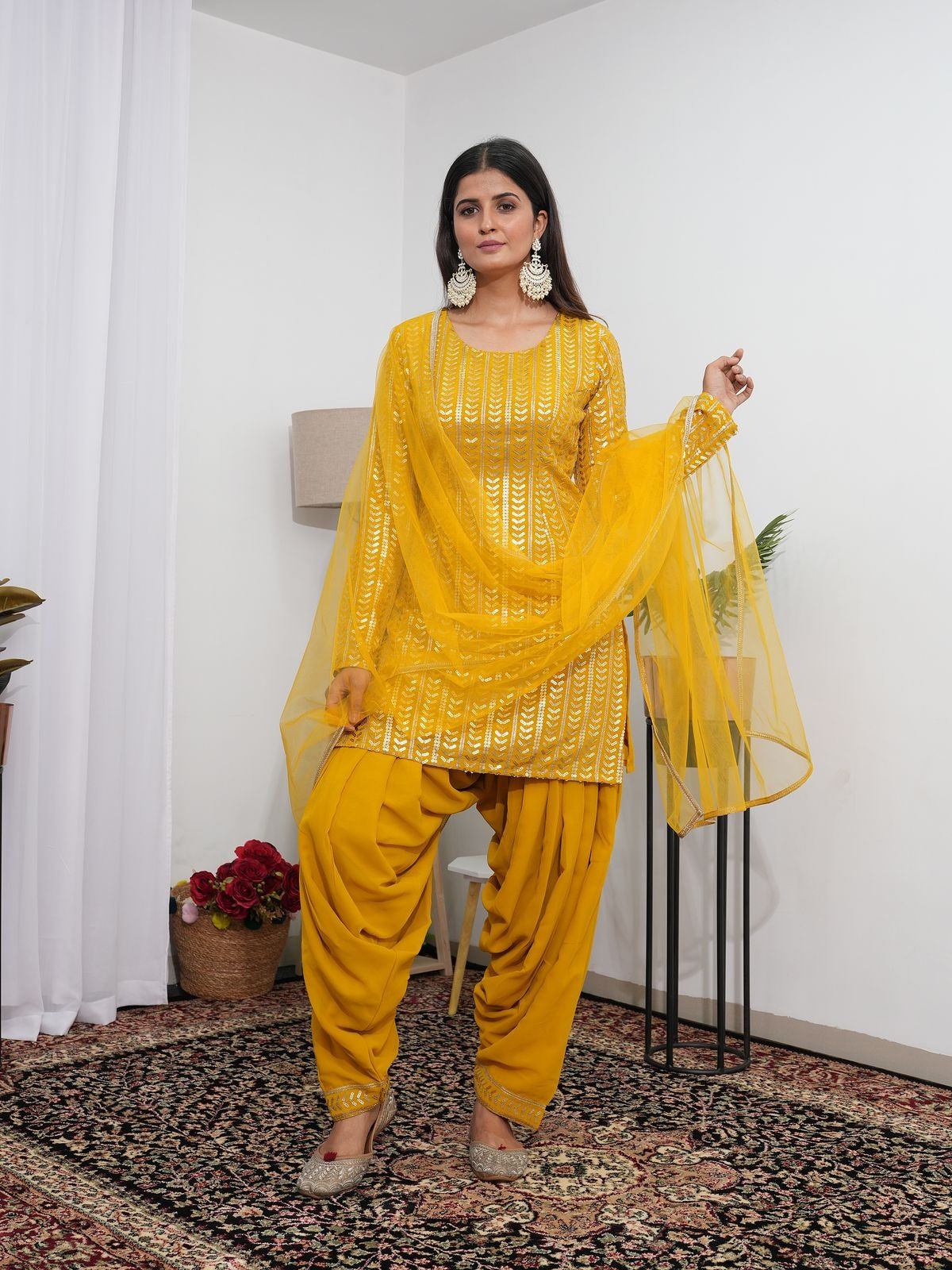 Yellow Sequin Embroidered Kurta With Patiala Pant & Dupatta Set