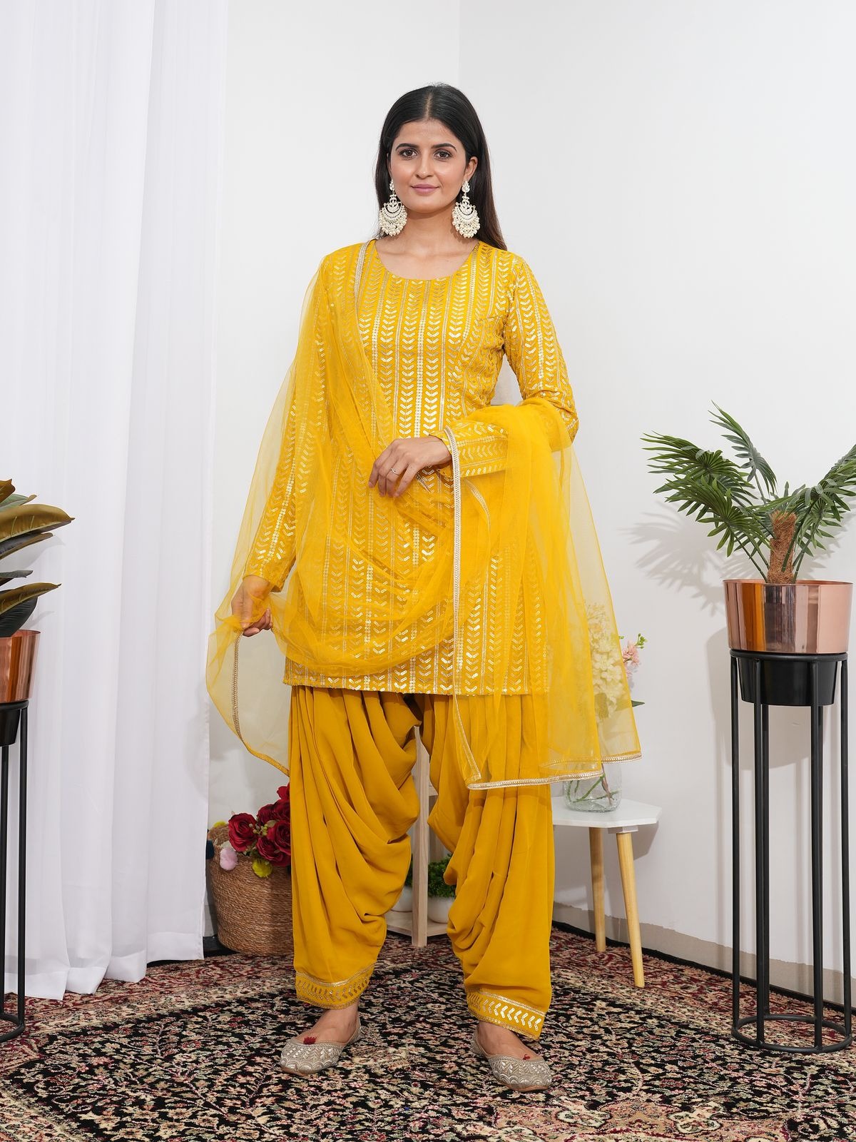 Yellow Sequin Embroidered Kurta With Patiala Pant & Dupatta Set