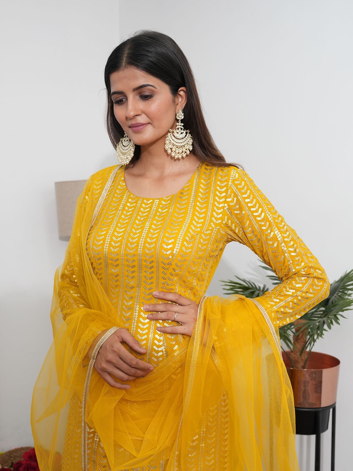 Yellow Sequin Embroidered Kurta With Patiala Pant & Dupatta Set