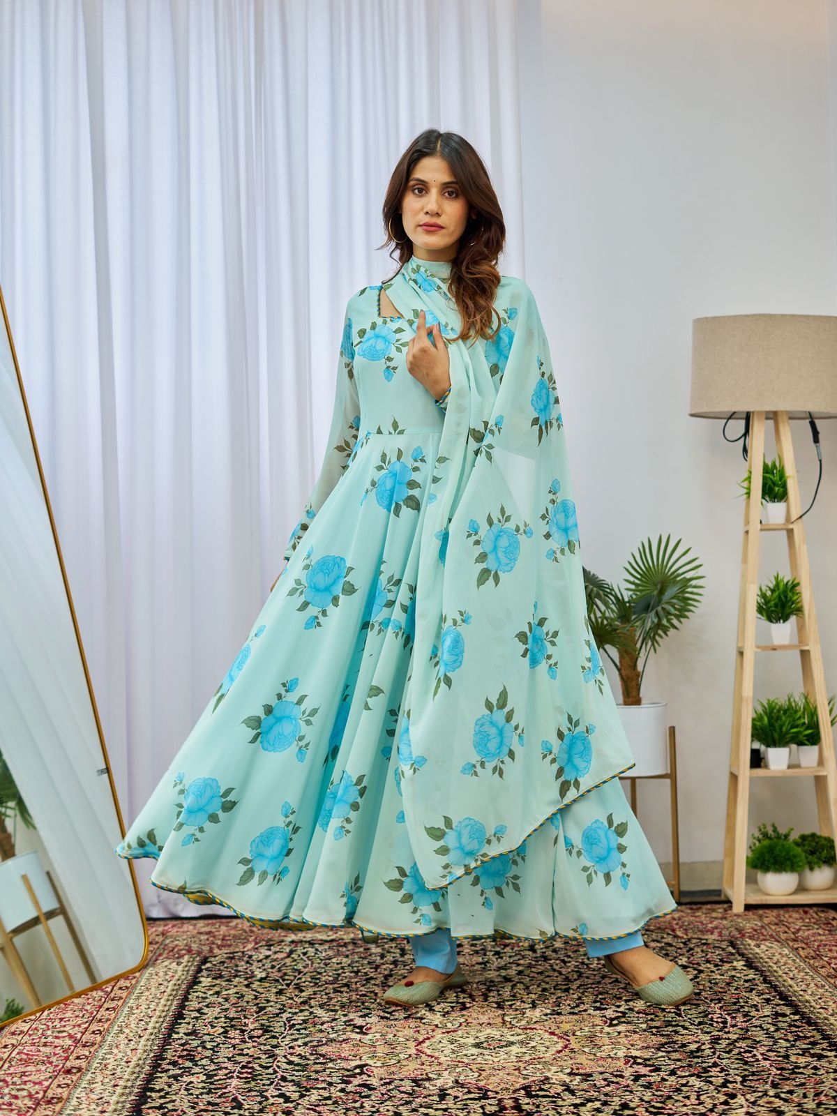 Floral Printed Flared Gown With Dupatta Set