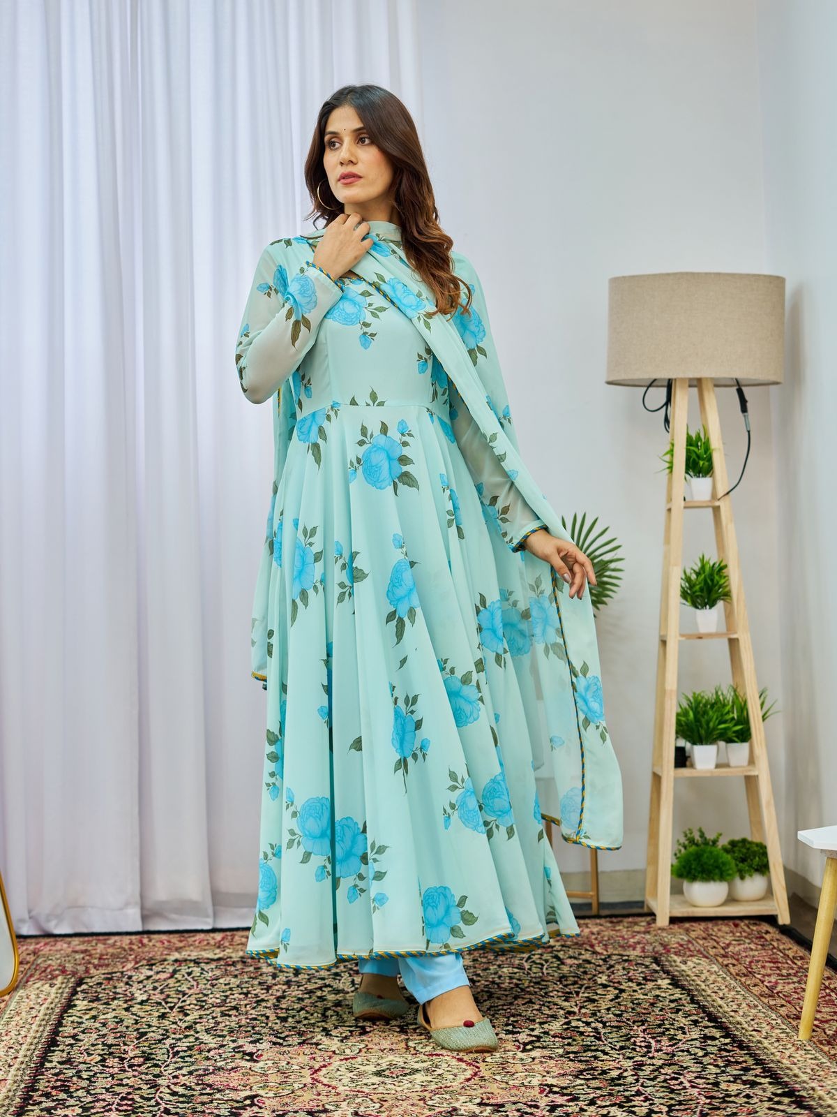 Floral Printed Flared Gown With Dupatta Set