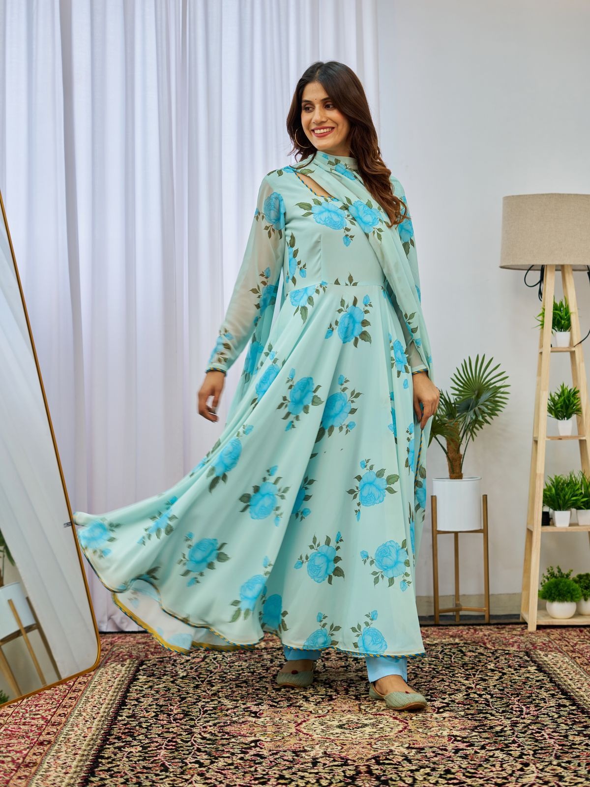 Floral Printed Flared Gown With Dupatta Set