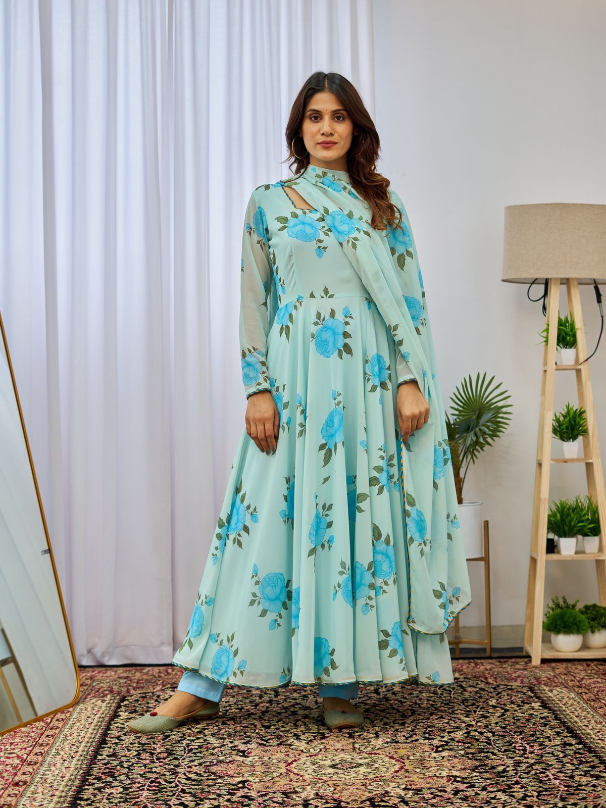 Floral Printed Flared Gown With Dupatta Set