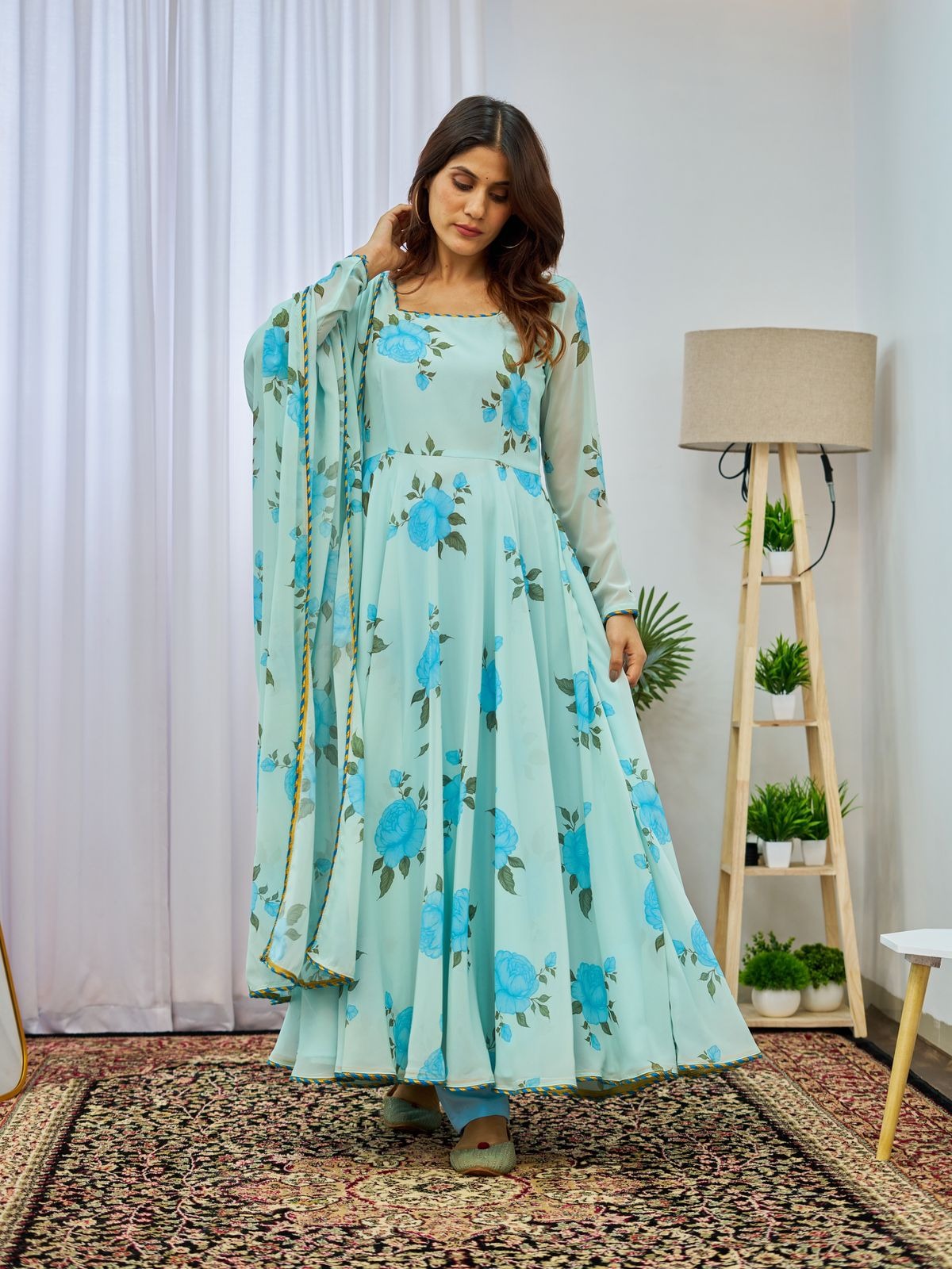 Floral Printed Flared Gown With Dupatta Set