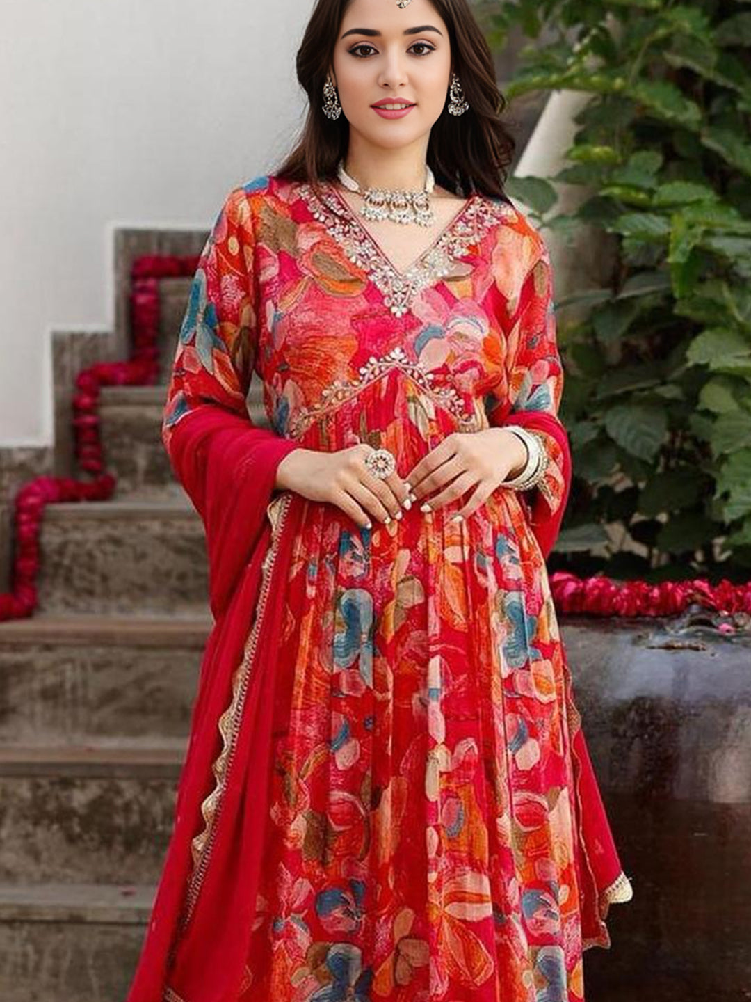 Georgette Floral Printed Kurta With Botton & Dupatta Set