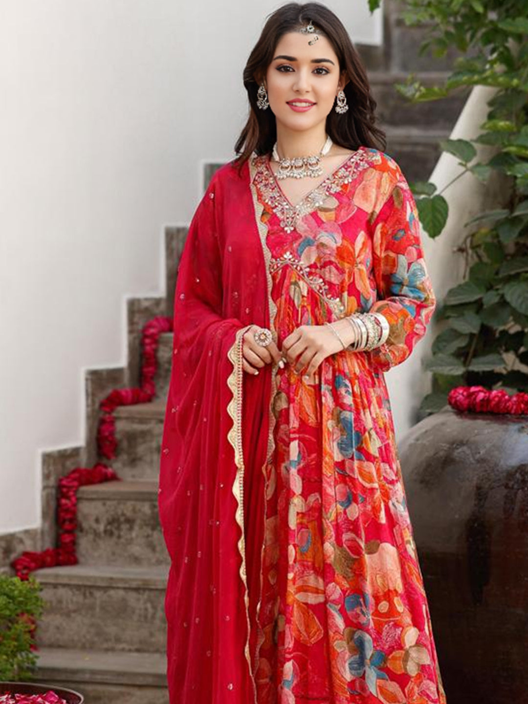 Georgette Floral Printed Kurta With Botton & Dupatta Set