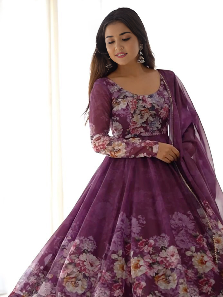 Organza Floral Printed Gown With Dupatta Set