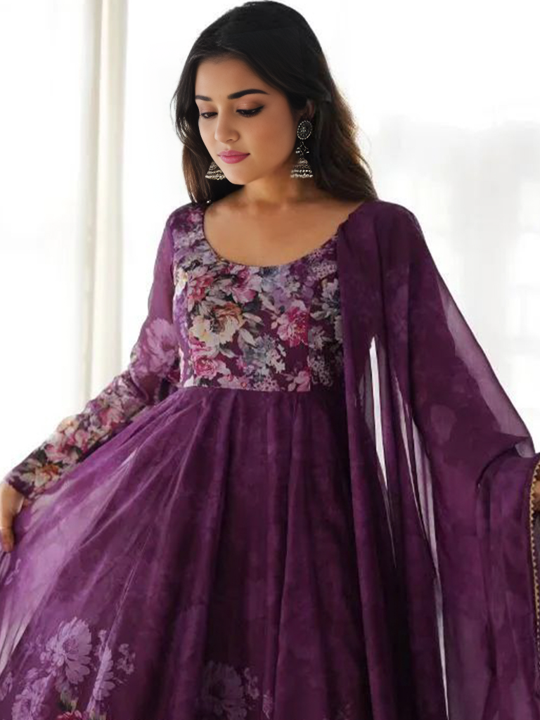 Organza Floral Printed Gown With Dupatta Set